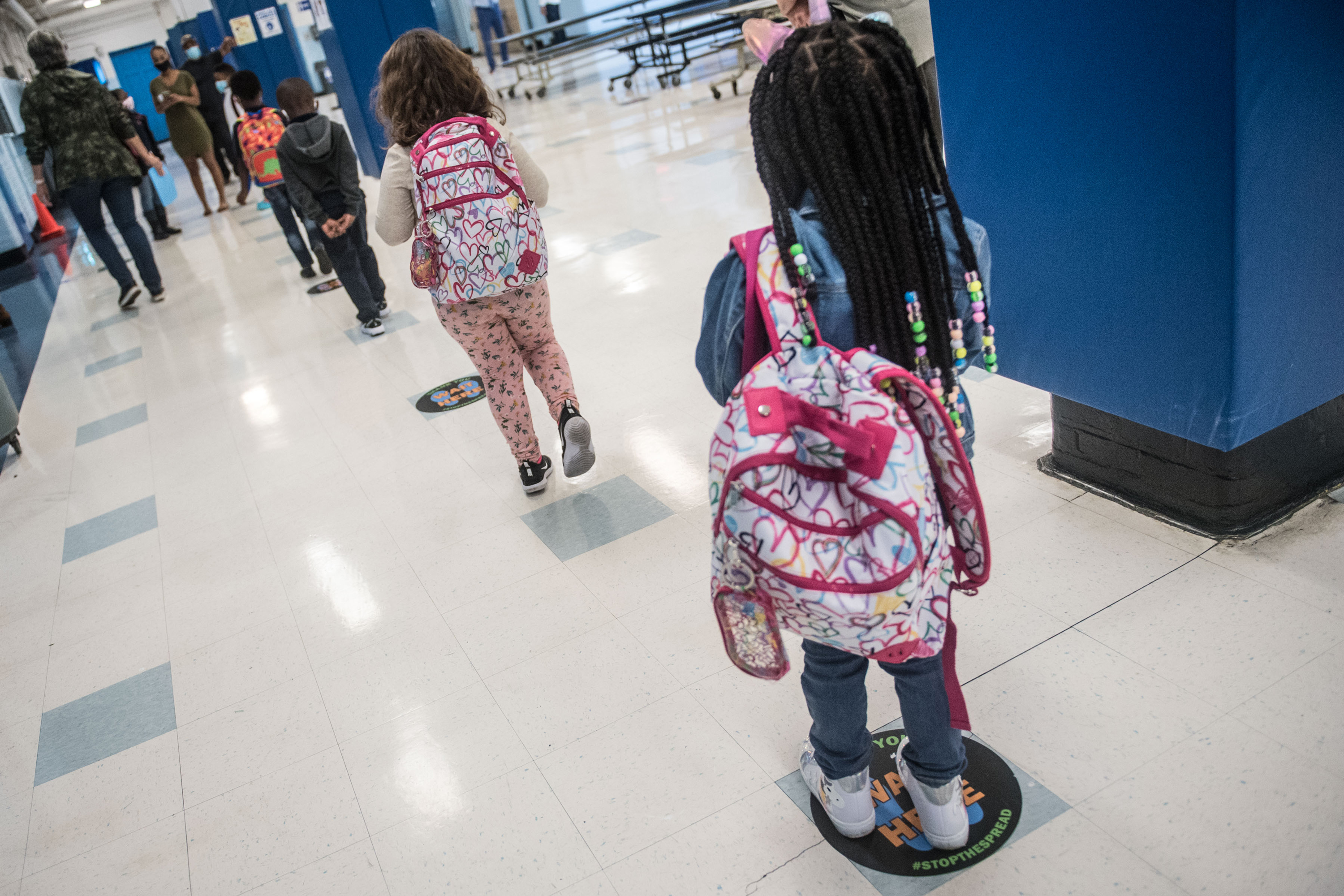 Socially distanced students on the first day of school last year at P.S. 188 in Manhattan. Sept. 29, 2020.