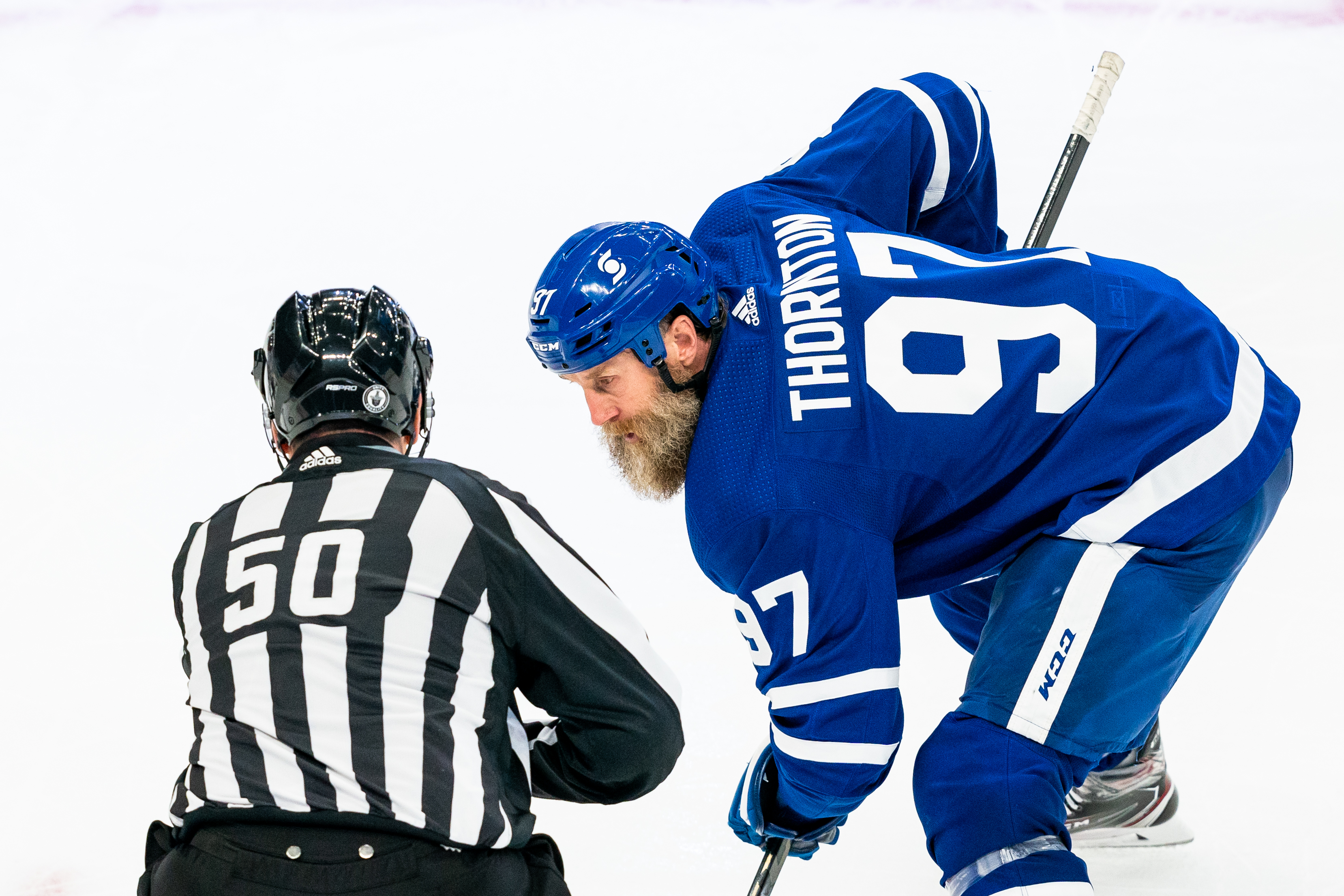 Joe Thornton #97 of the Toronto Maple Leafs sets to take a face-off against the Montreal Canadiens during the third period in Game Two of the First Round of the 2021 Stanley Cup Playoffs at the Scotiabank Arena on May 22, 2021 in Toronto, Ontario, Canada.