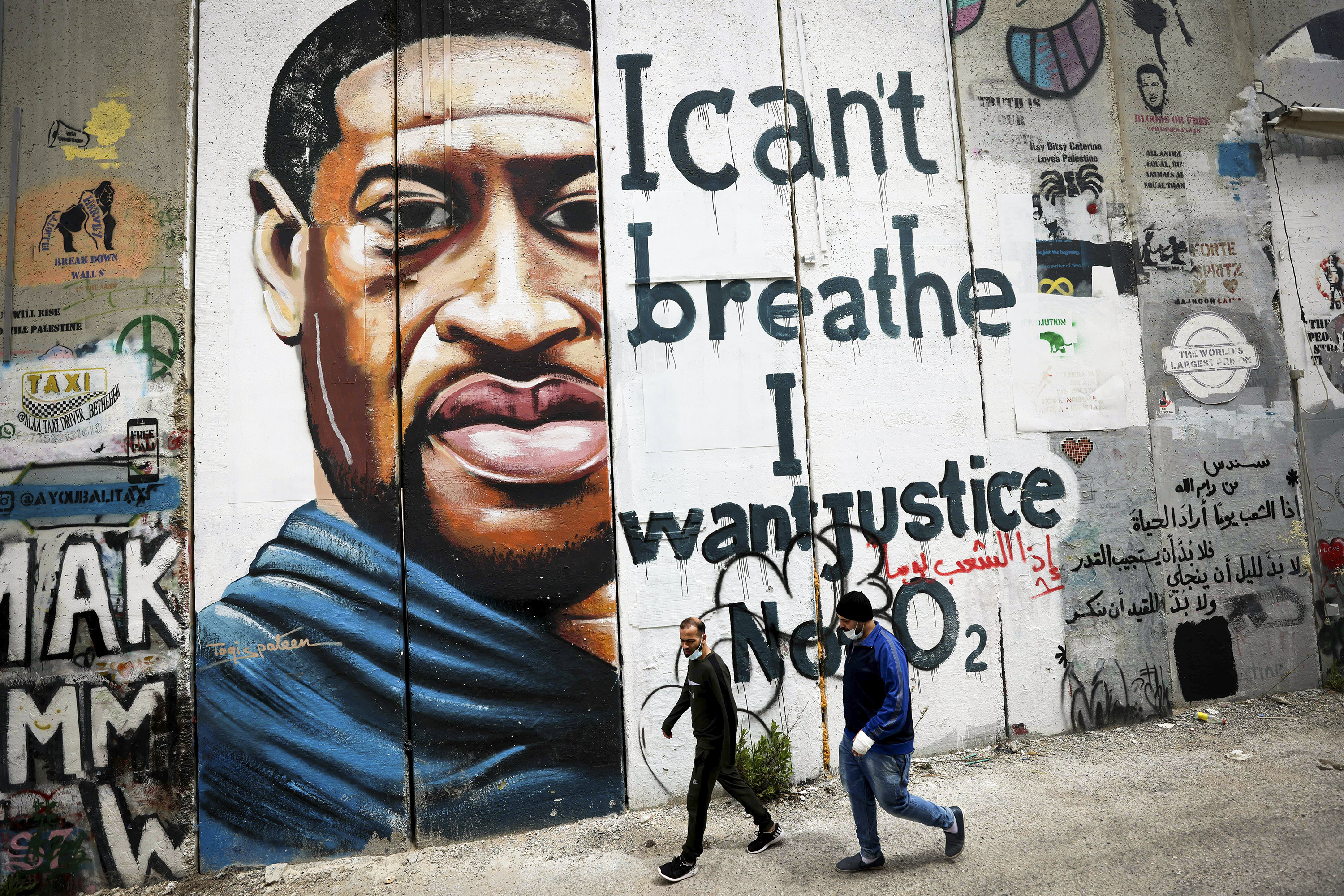 A George Floyd mural in Bethlehem features a picture of Floyd and the words, “I can’t breathe, I want justice not O2.”