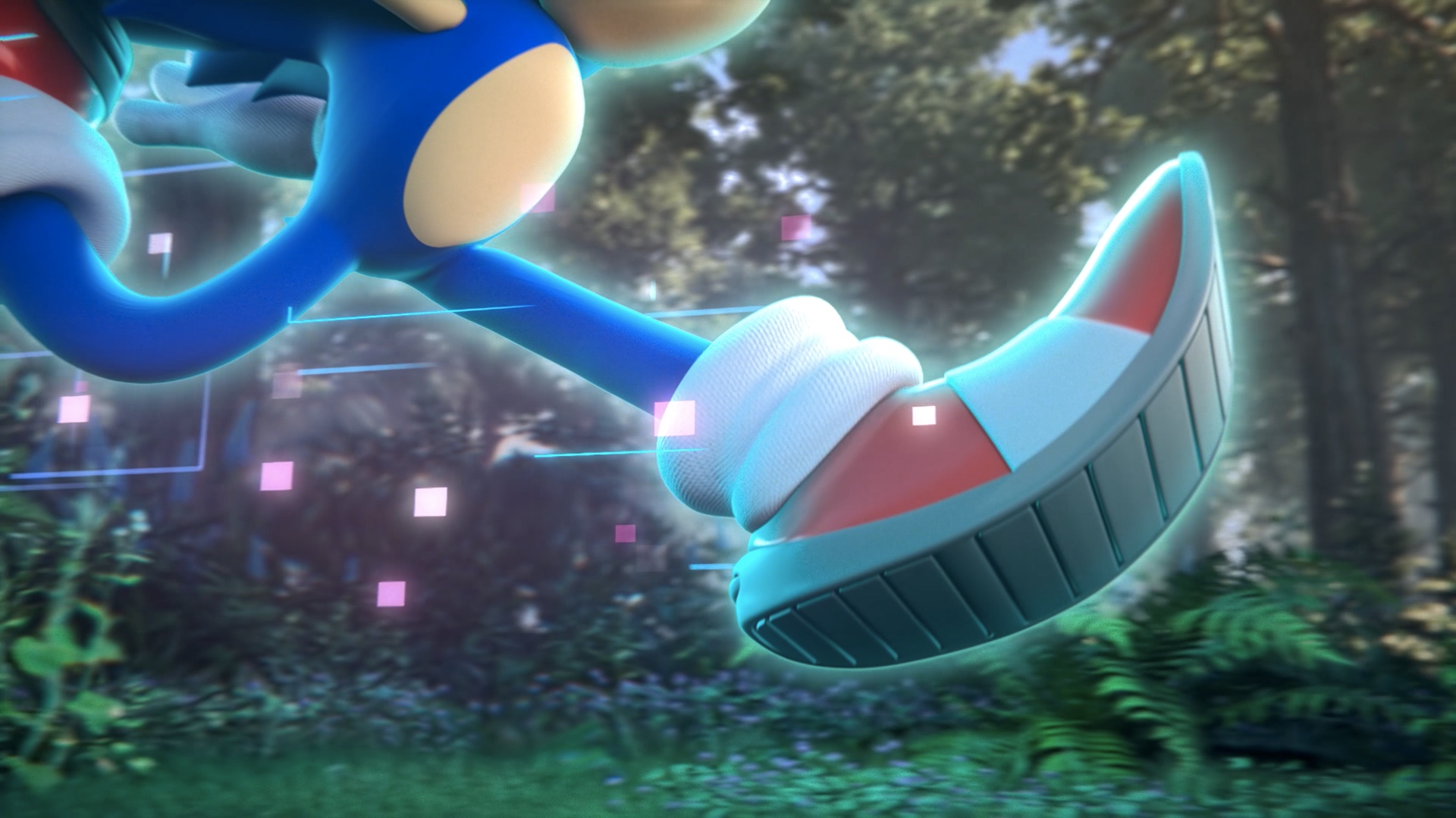 Sonic the Hedgehog runs through the forest with a glowing blue digital effect in a cinematic teaser for Sonic Rangers