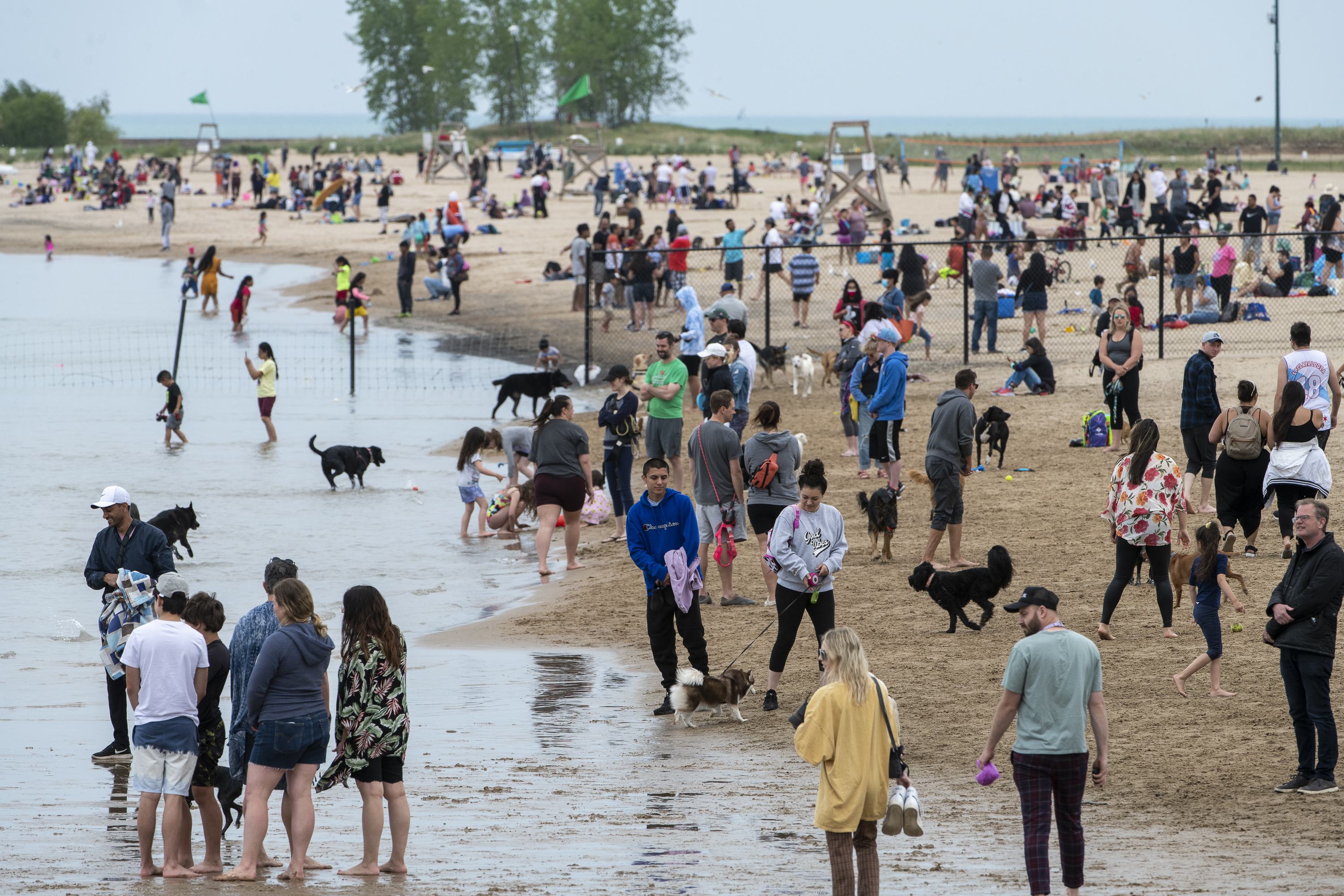 People play catch and let their dogs loose at the dog-friendly area of Montrose Beach on Monday, May 31, 2021.