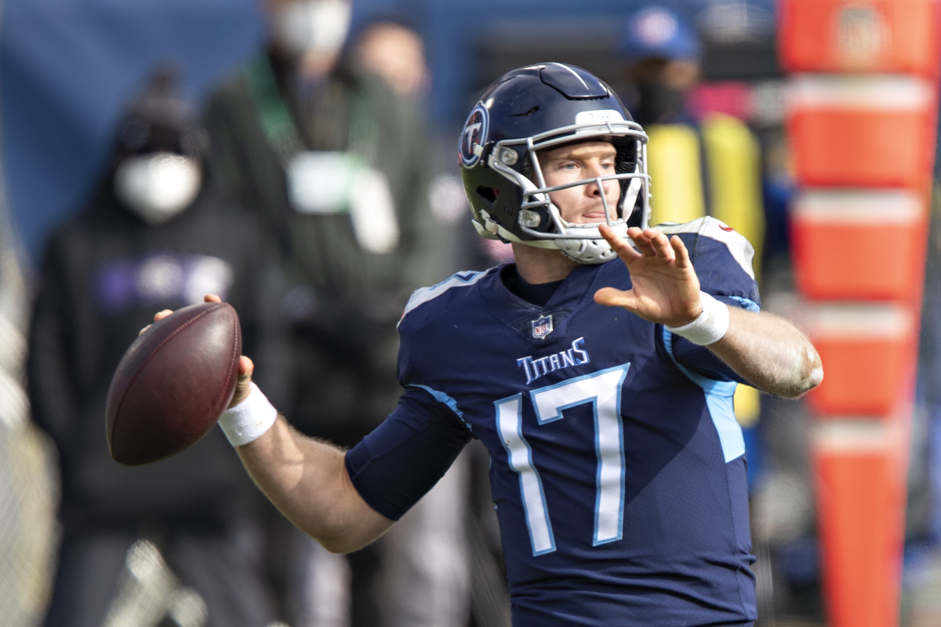 Quarterback Ryan Tannehill #17 of the Tennessee Titans throws a pass during their AFC Wild Card Playoff game against the Baltimore Ravens at Nissan Stadium on January 10, 2021 in Nashville, Tennessee. The Ravens defeated the Titans 20-13.