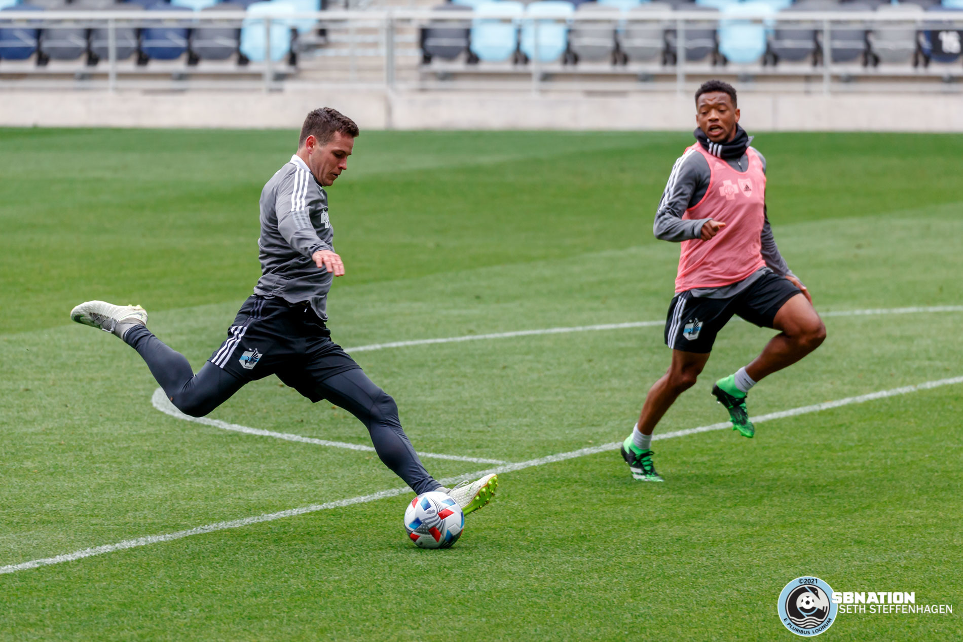 April 20, 2021 - Saint Paul, Minnesota, United States - Minnesota United midfielder Foster Langsdorf (27) takes a shot on goal during the Loon’s first team training session at Allianz Field.