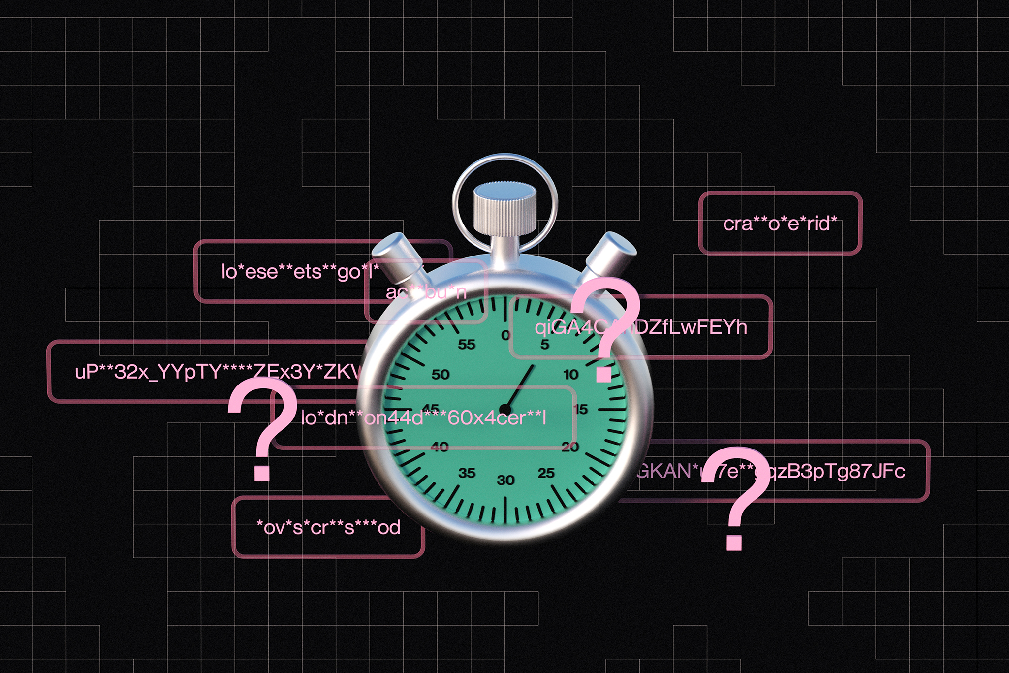An illustration of several characters representing passwords and several question marks surrounding a giant stopwatch.