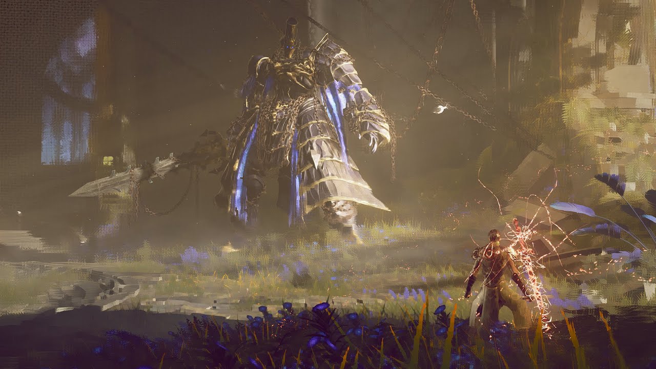 A player faces a giant knight enemy in a screenshot from Babylon’s Fall
