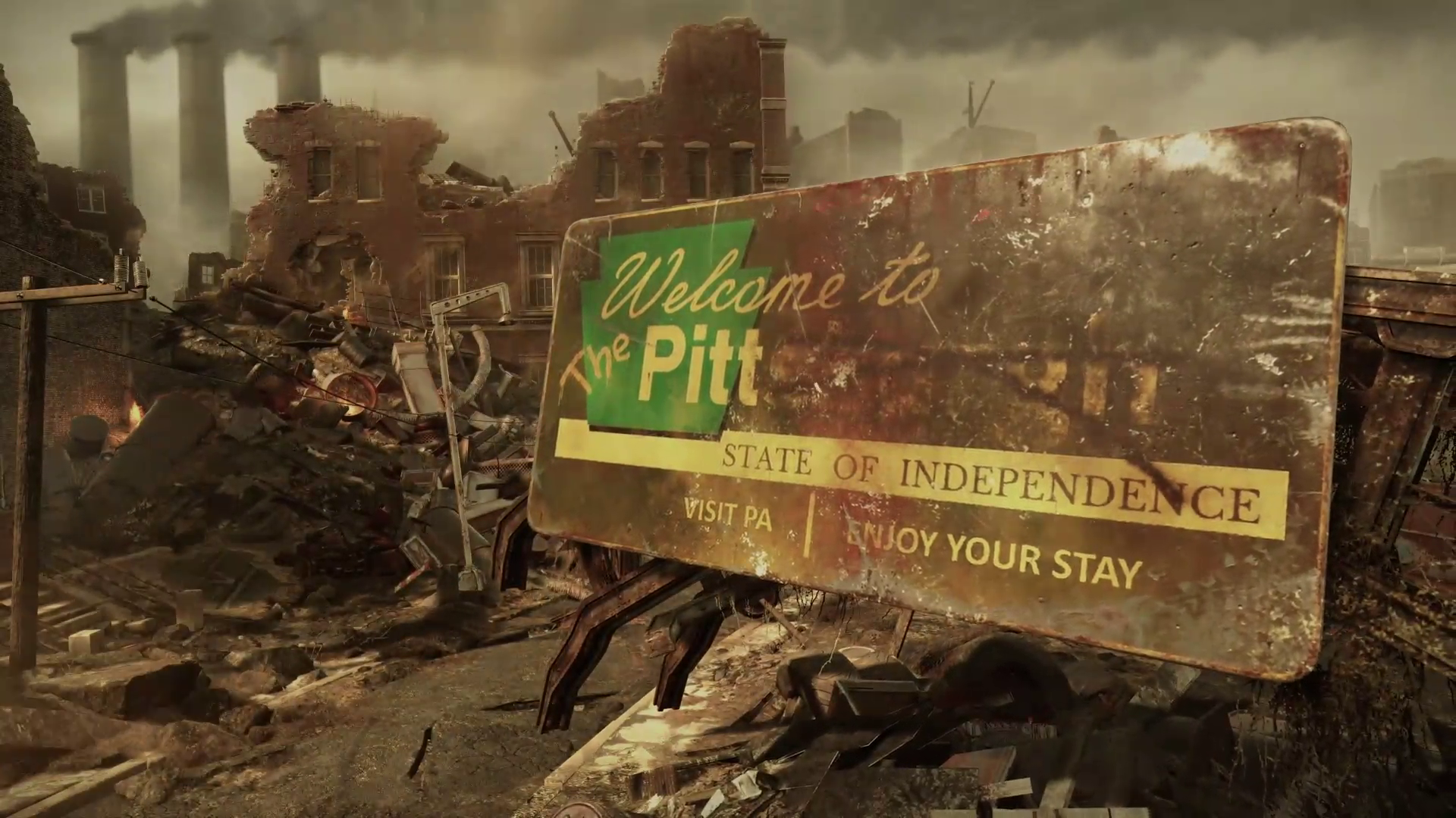 a “Welcome to The Pitt State of Independence” sign in Fallout 76