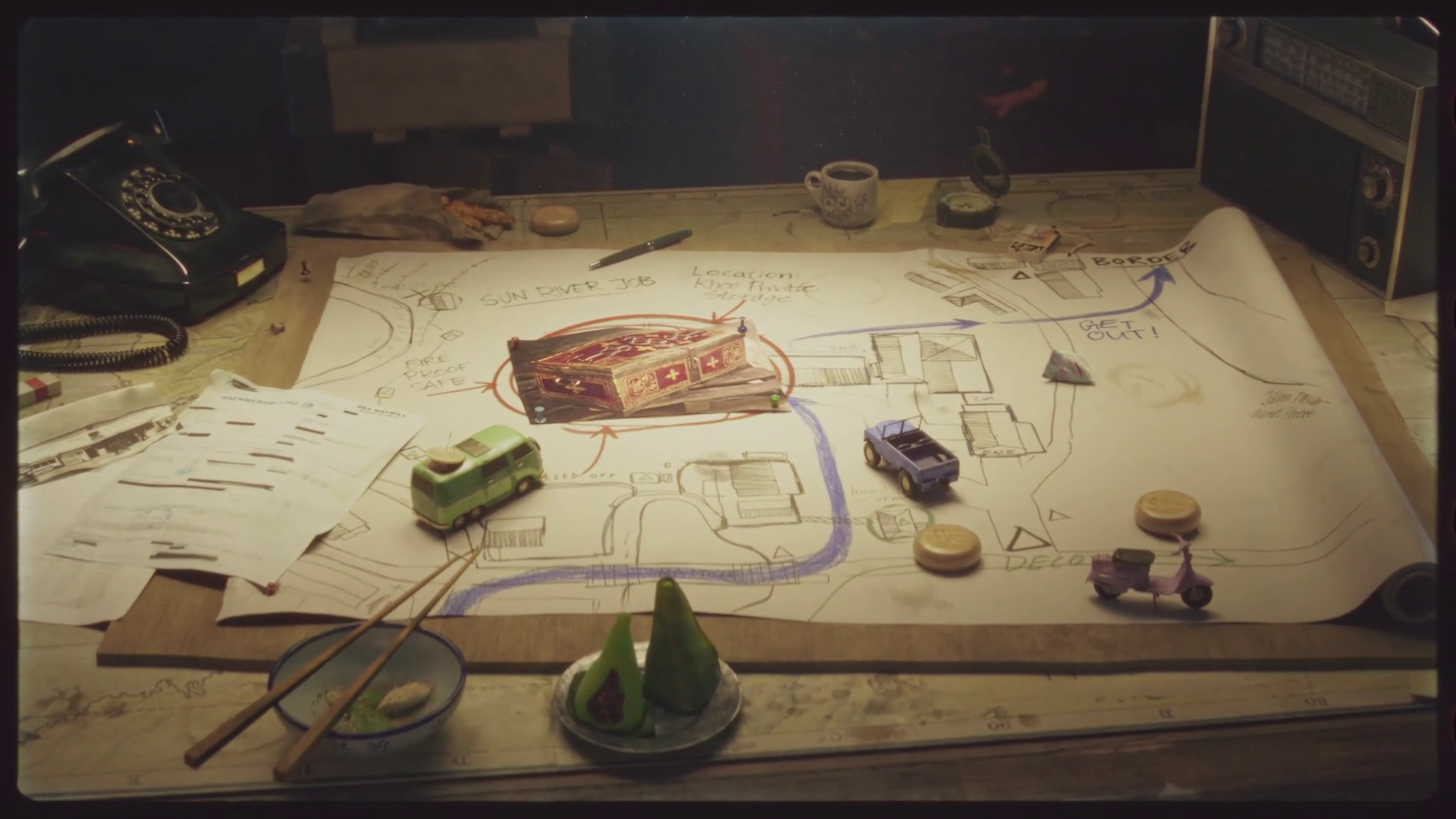 a heist planning document on a table in Contraband