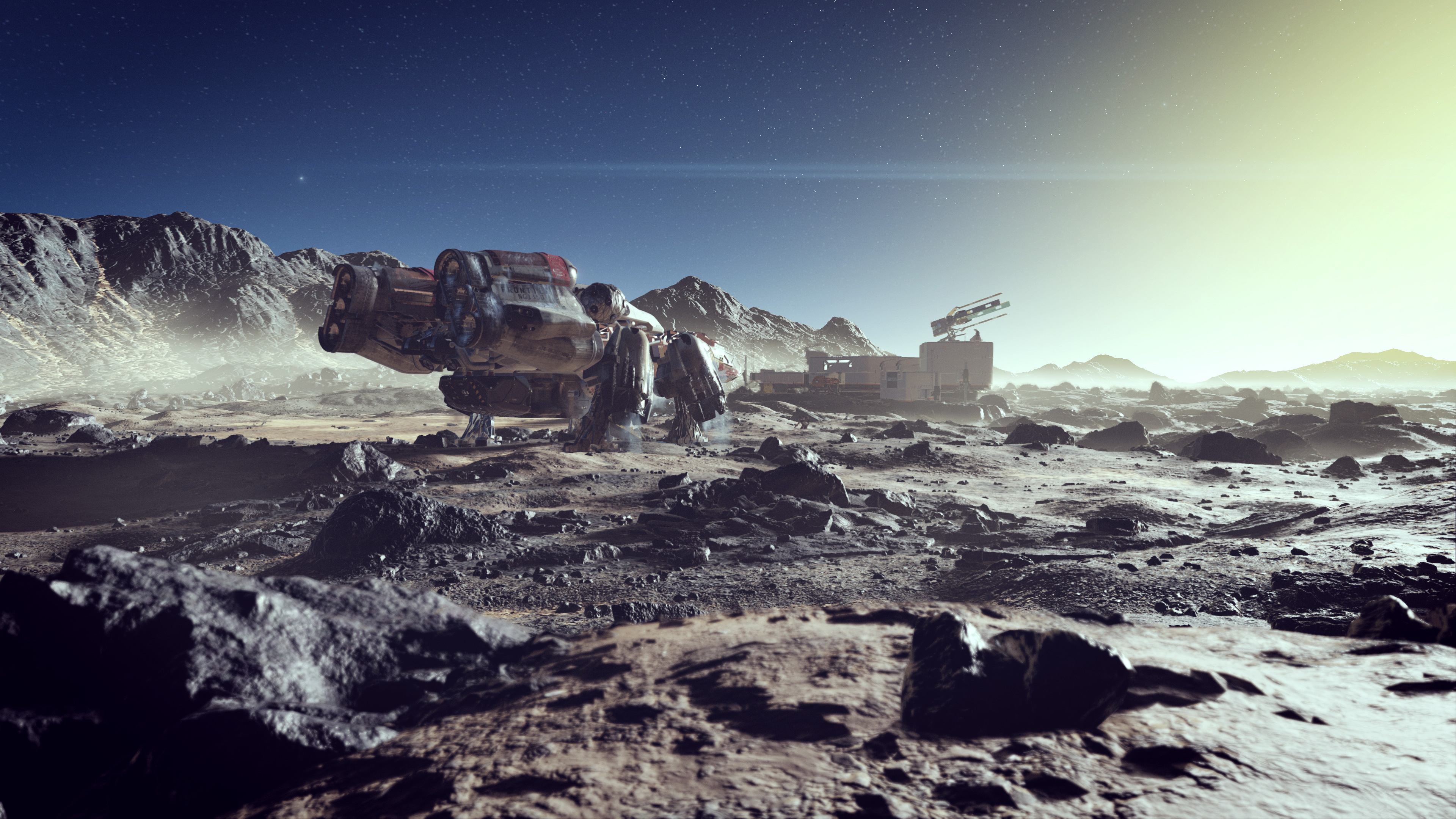 a large spacecraft marked “NG1350” with a base behind it, sitting on the rocky surface of a planet in Starfield