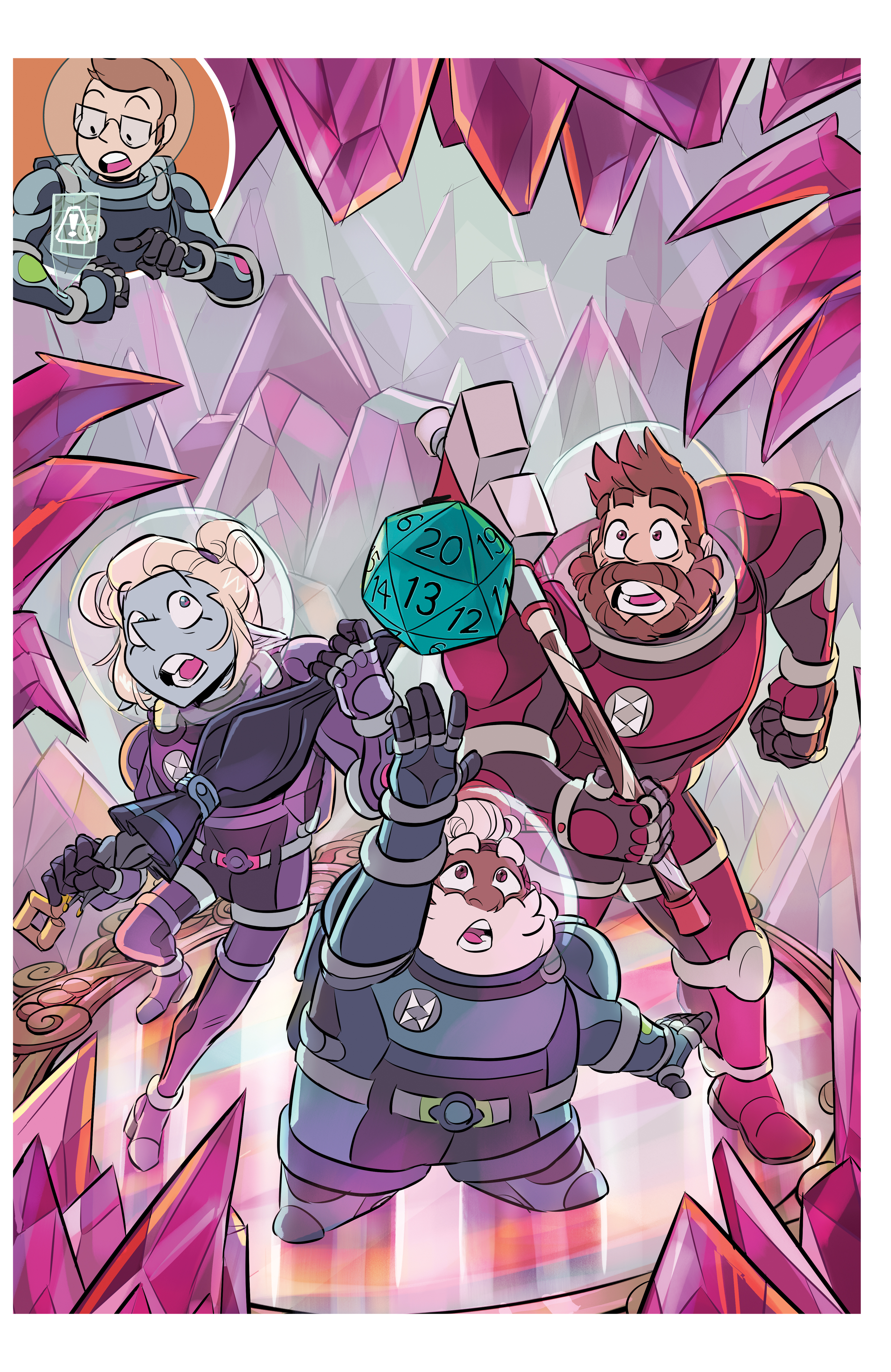 Taako, Merle, and Magnus are pursuing a d20 surrounded by pink tourmaline crystals. The three of them are wearing protective suits with glass helmets, standing on a pink tourmaline mirror.