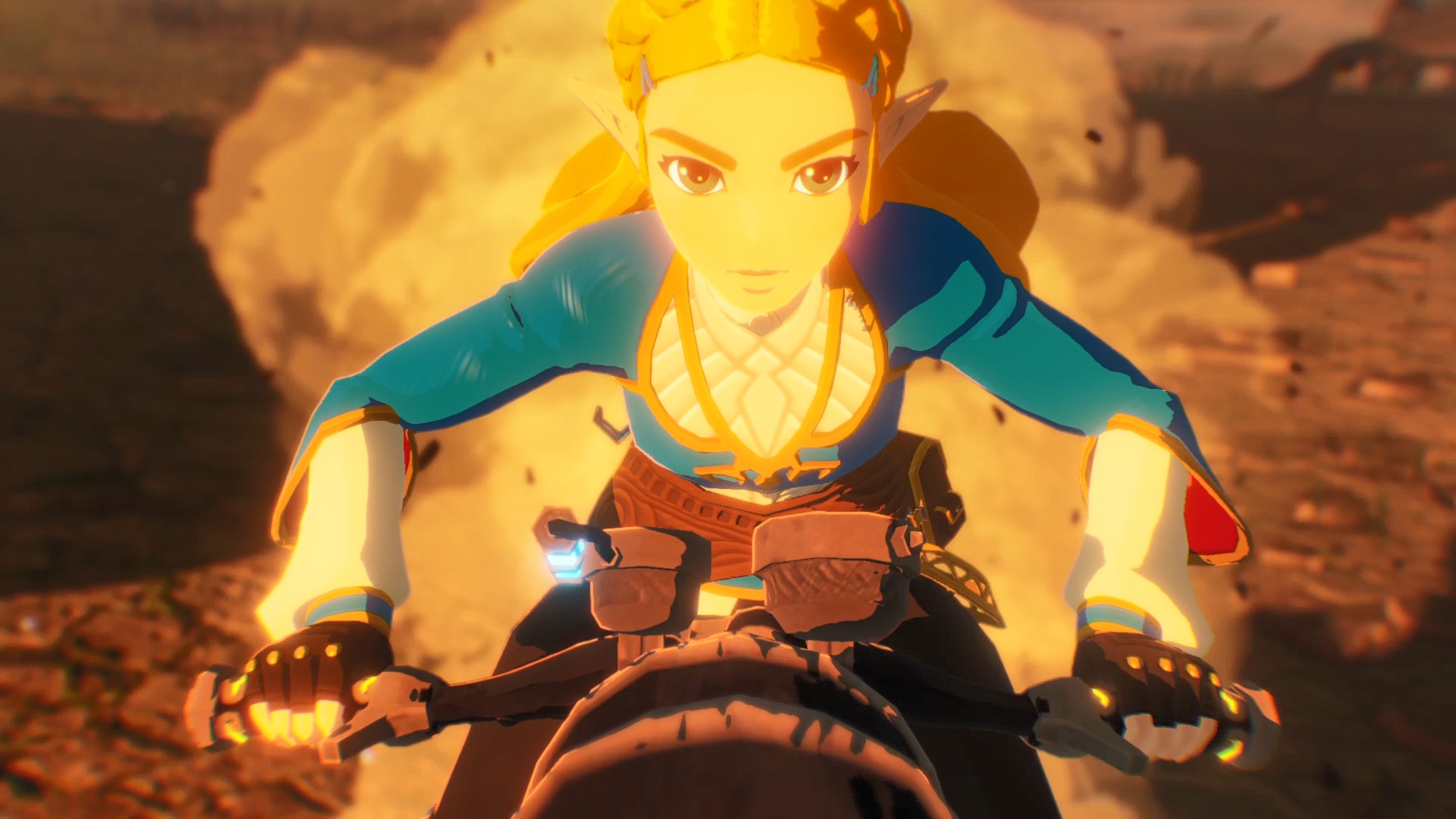 Zelda rides a motorcyle in Hyrule Warriors: Age of Calamity
