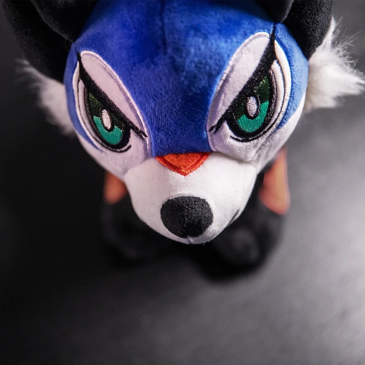 product shot of the officially licensed SonicFox plushie, a blue fox resembling the fighting games champion’s unique onstage costume