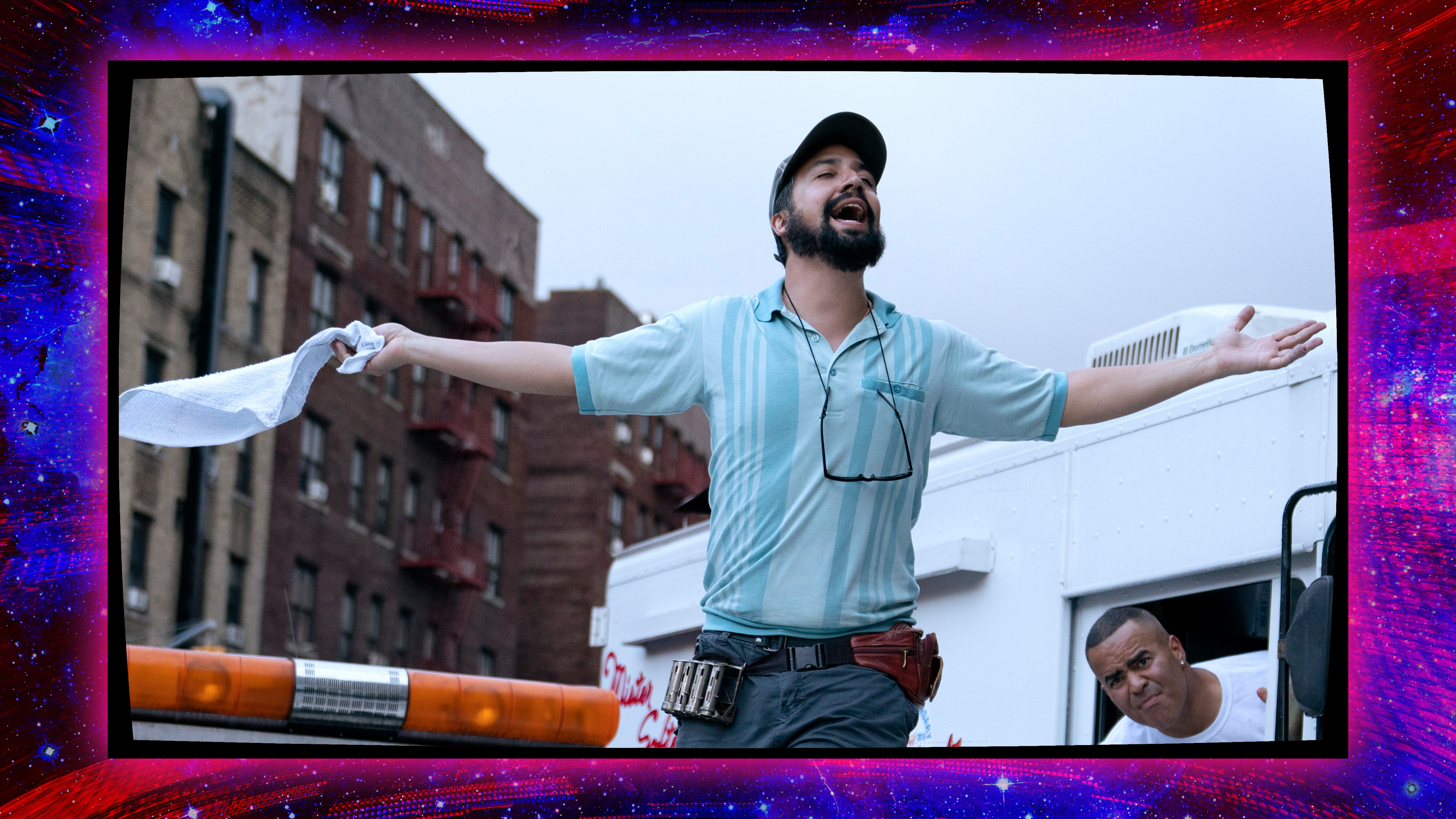 Photo of Lin-Manuel Miranda from “In the Heights” with a glitchy purple border