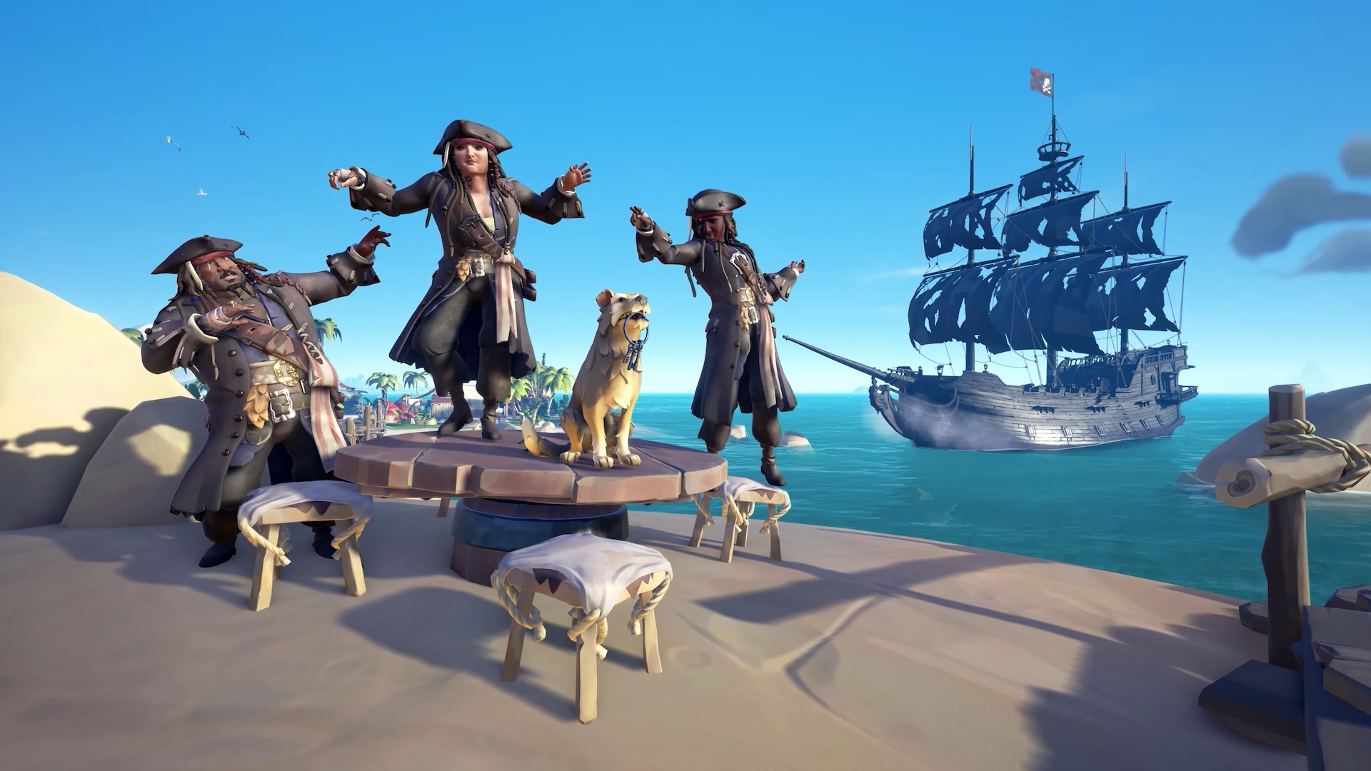 A trio of pirates wear Jack Sparrow gear in Sea of Thieves
