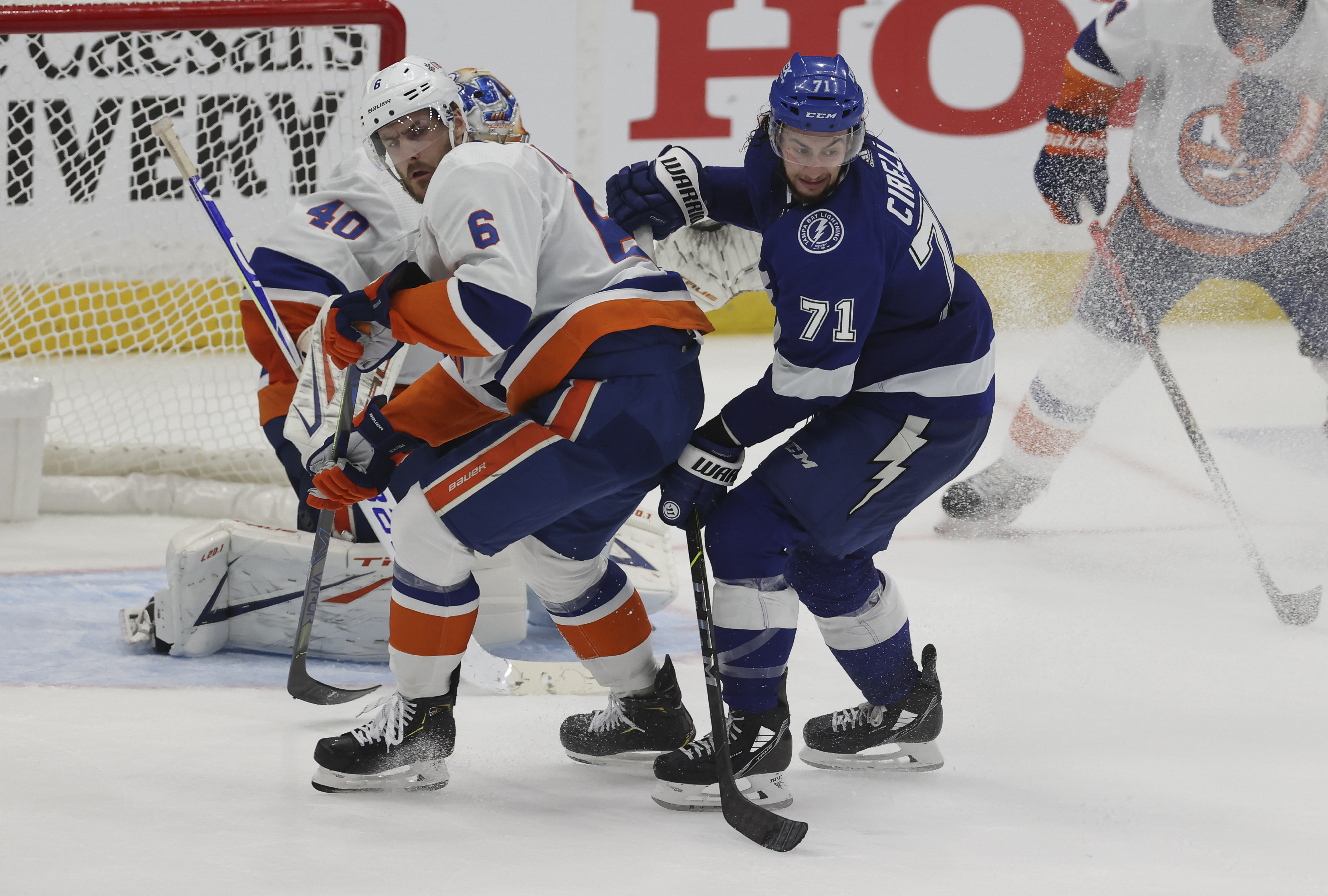 New York Islanders defenseman Ryan Pulock (6) skates against Tampa Bay Lightning center Anthony Cirelli (71) in the second period of Game 2 of the Stanley Cup Playoffs Semifinals between the New York Islanders and Tampa Bay Lightning on June 15, 2021 at Amalie Arena in Tampa, FL.