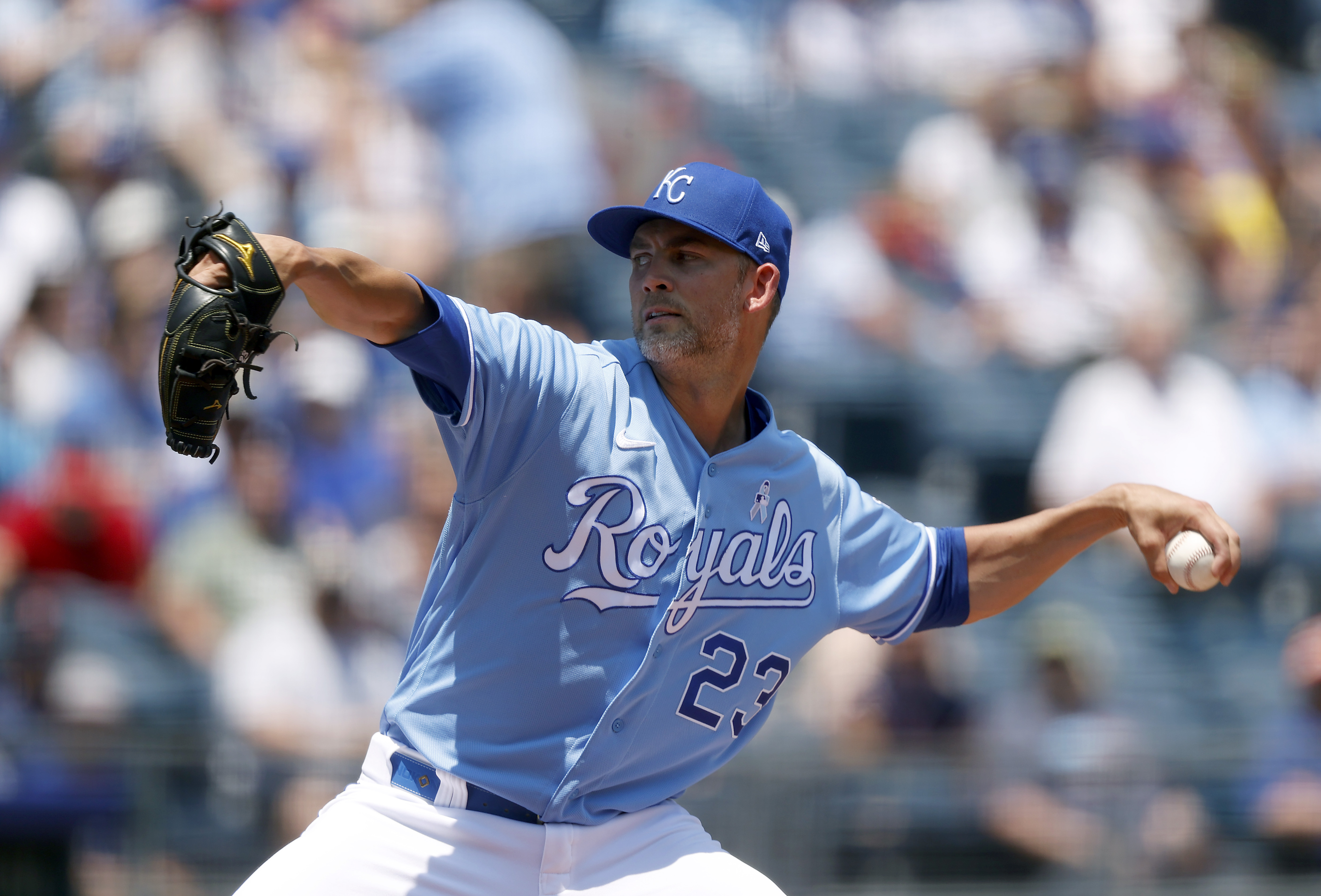 Starting pitcher Mike Minor #23 of the Kansas City Royals pitches during the 1st inning of the game against the Boston Red Sox at Kauffman Stadium on June 20, 2021 in Kansas City, Missouri.