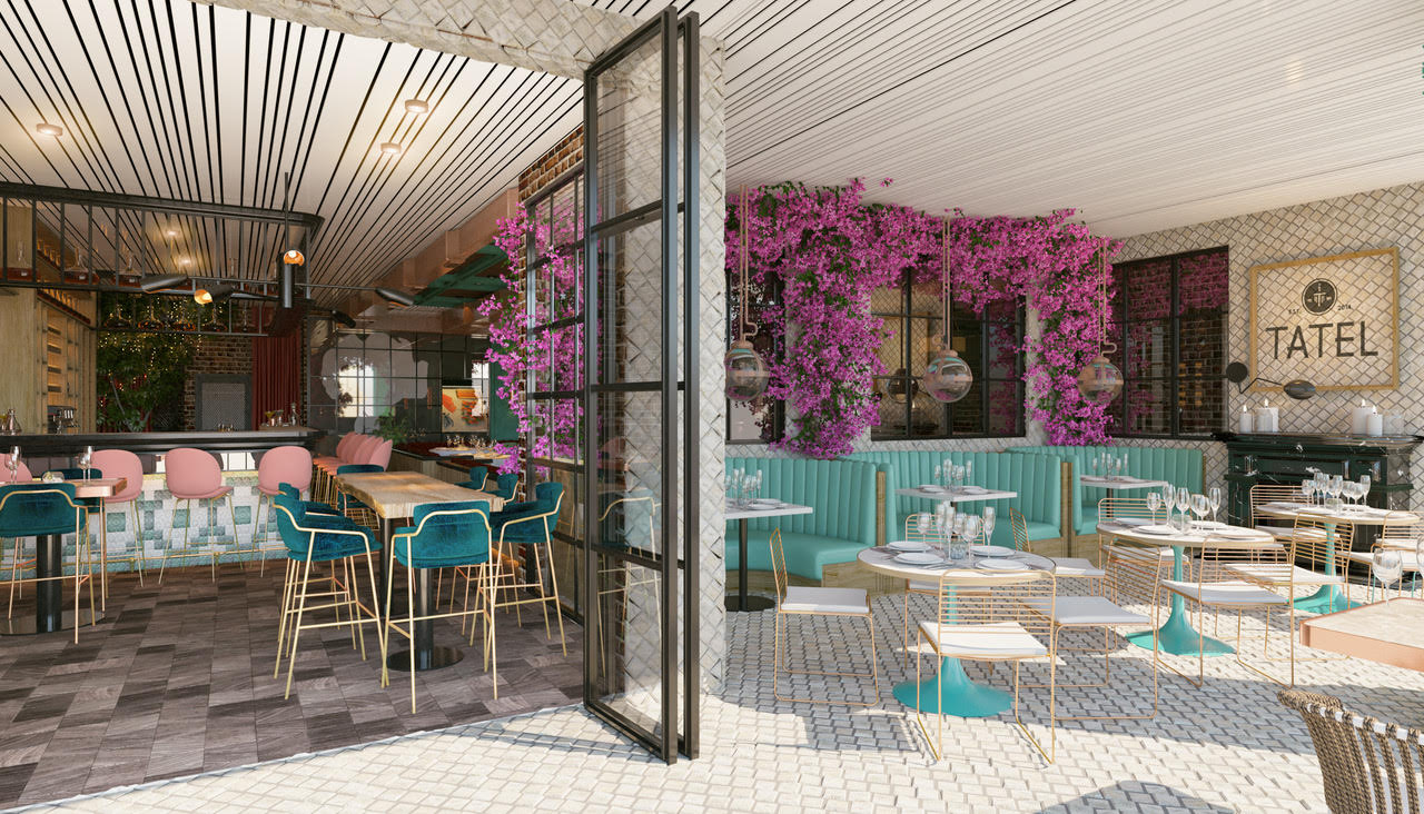 一个彩色的渲染显示酒吧和高档西班牙餐厅内的壁炉区域，有许多柔和的色调。