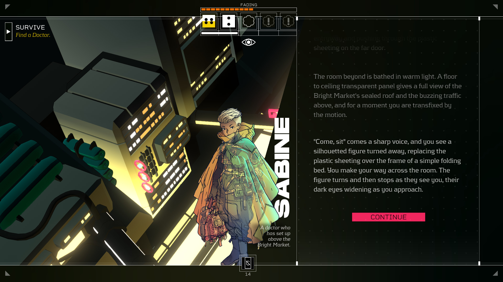 A conversation screen with Sabine from the game Citizen Sleeper