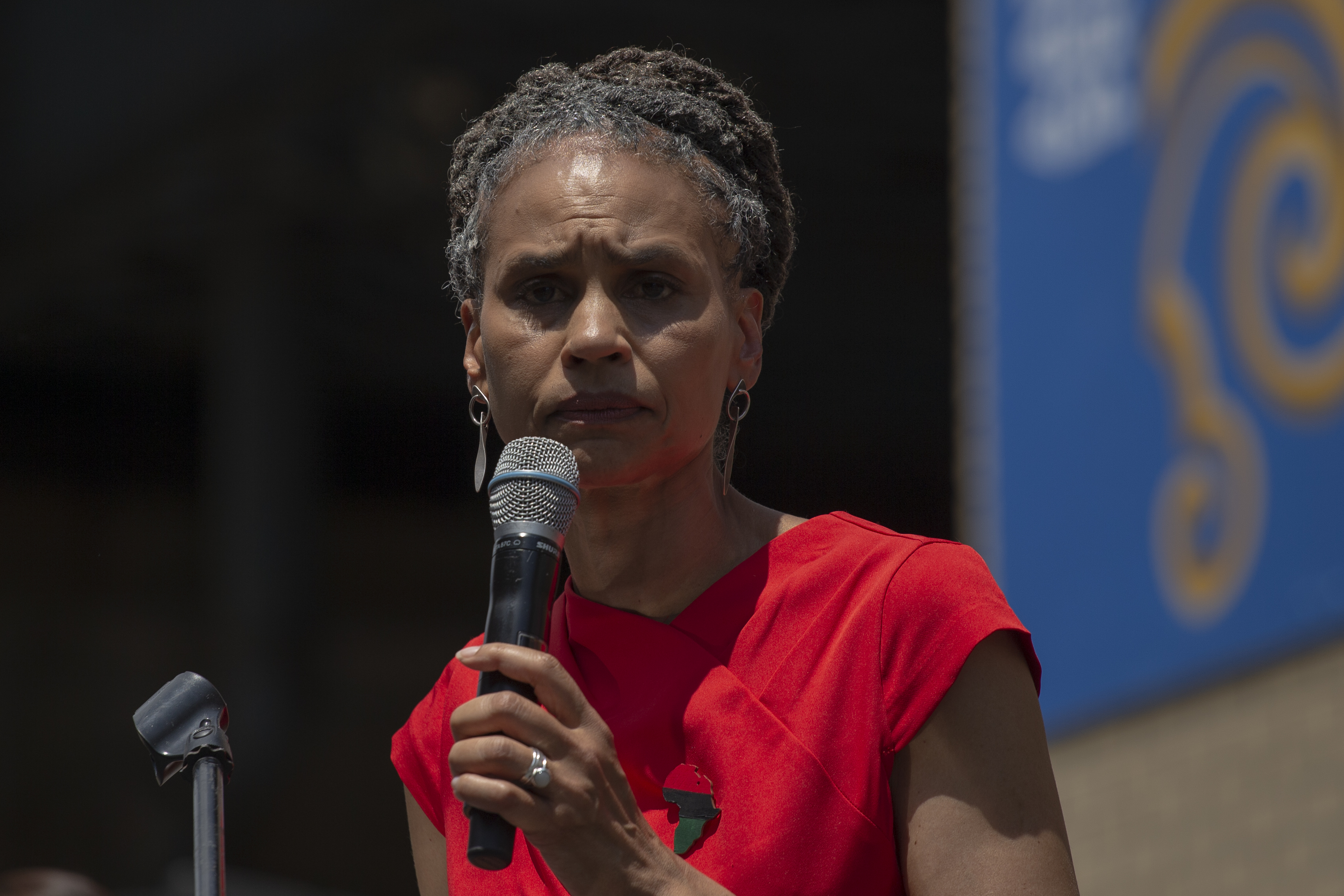 New York City mayoral candidate Maya Wiley speaks at the unveiling of a mural in Chinatown on June 20, 2021 in New York City. Kathryn Garcia and Andrew Yang also attended the event in the lead-up to primary Election Day on June 22.