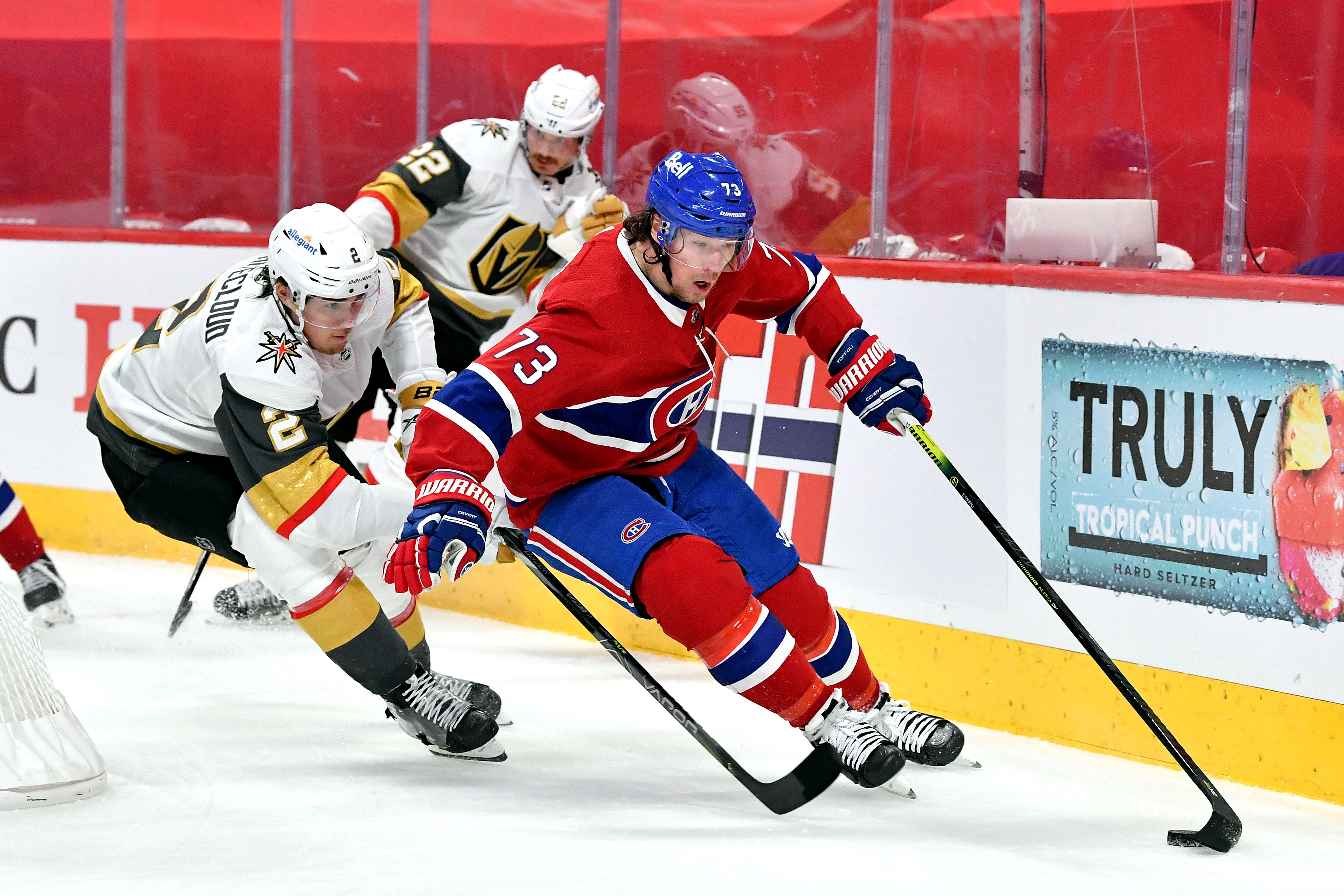 Tyler Toffoli #73 of the Montreal Canadiens is defended by Zach Whitecloud #2 of the Vegas Golden Knights during the second period in Game Four of the Stanley Cup Semifinals of the 2021 Stanley Cup Playoffs at Bell Centre on June 20, 2021 in Montreal, Quebec.