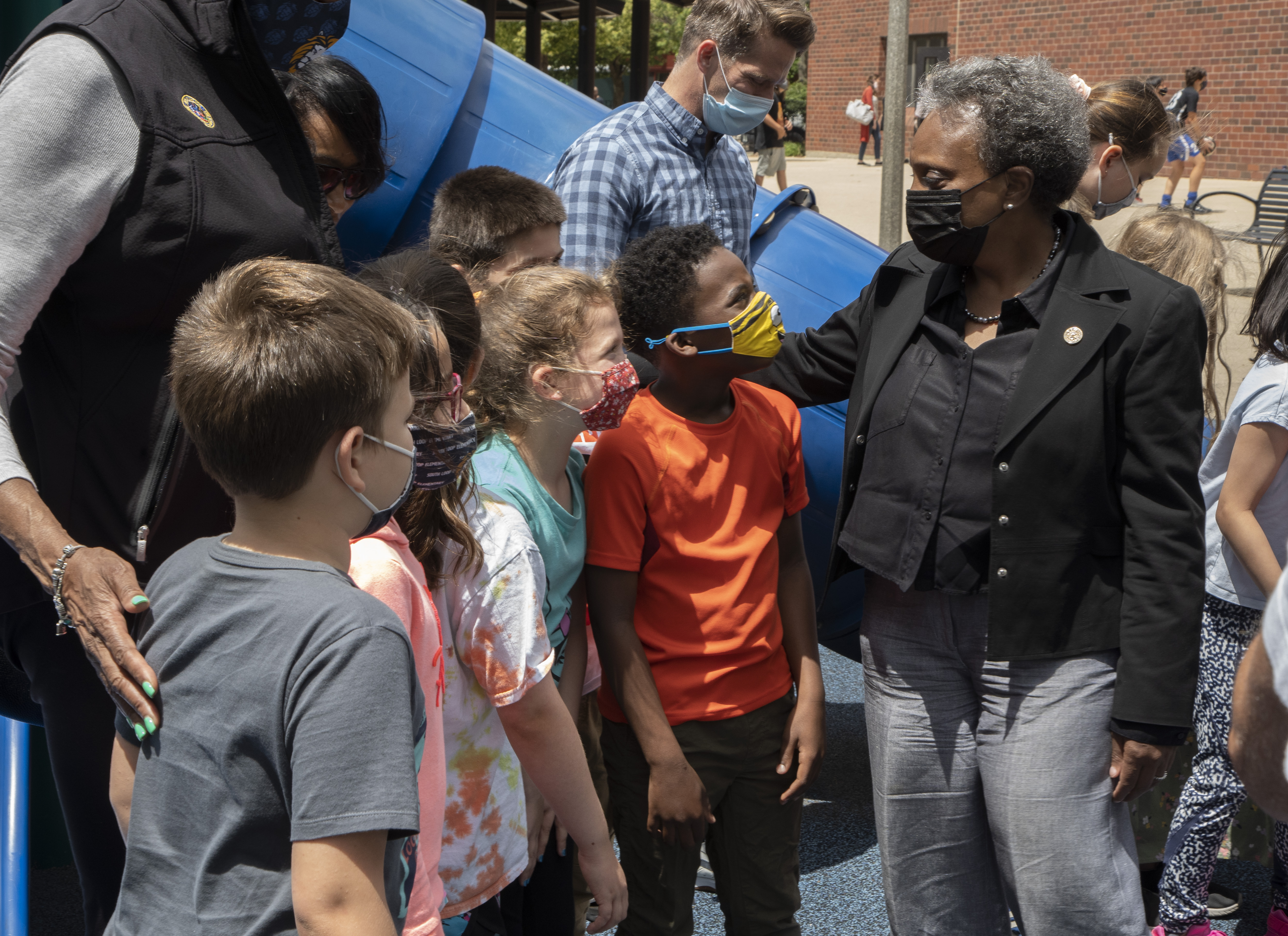 Mayor Lori Lightfoot talks with students on her visit to South Loop Elementary School on Tuesday, June 22, 2021.