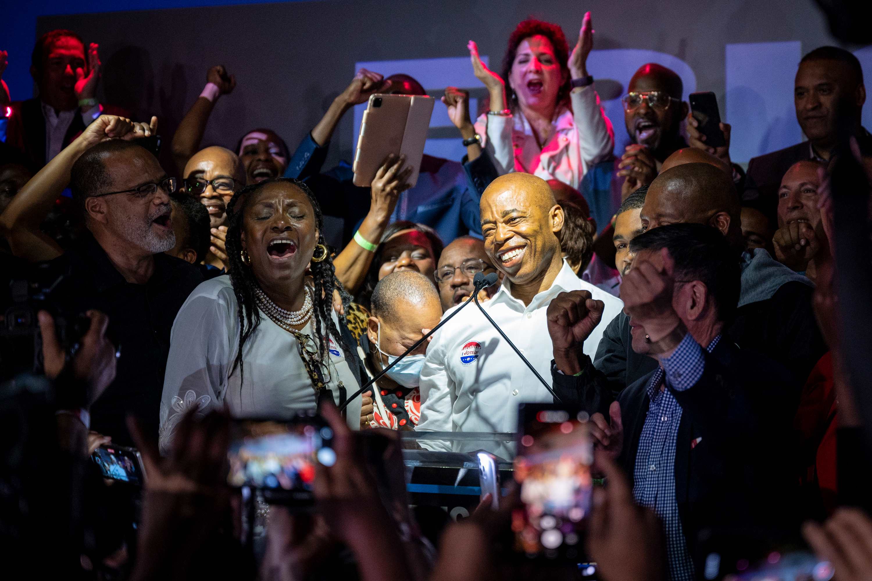 Eric Adams speaks at his election night party in Williamsburg as he took the lead in the mayoral primary, June 22, 2021.