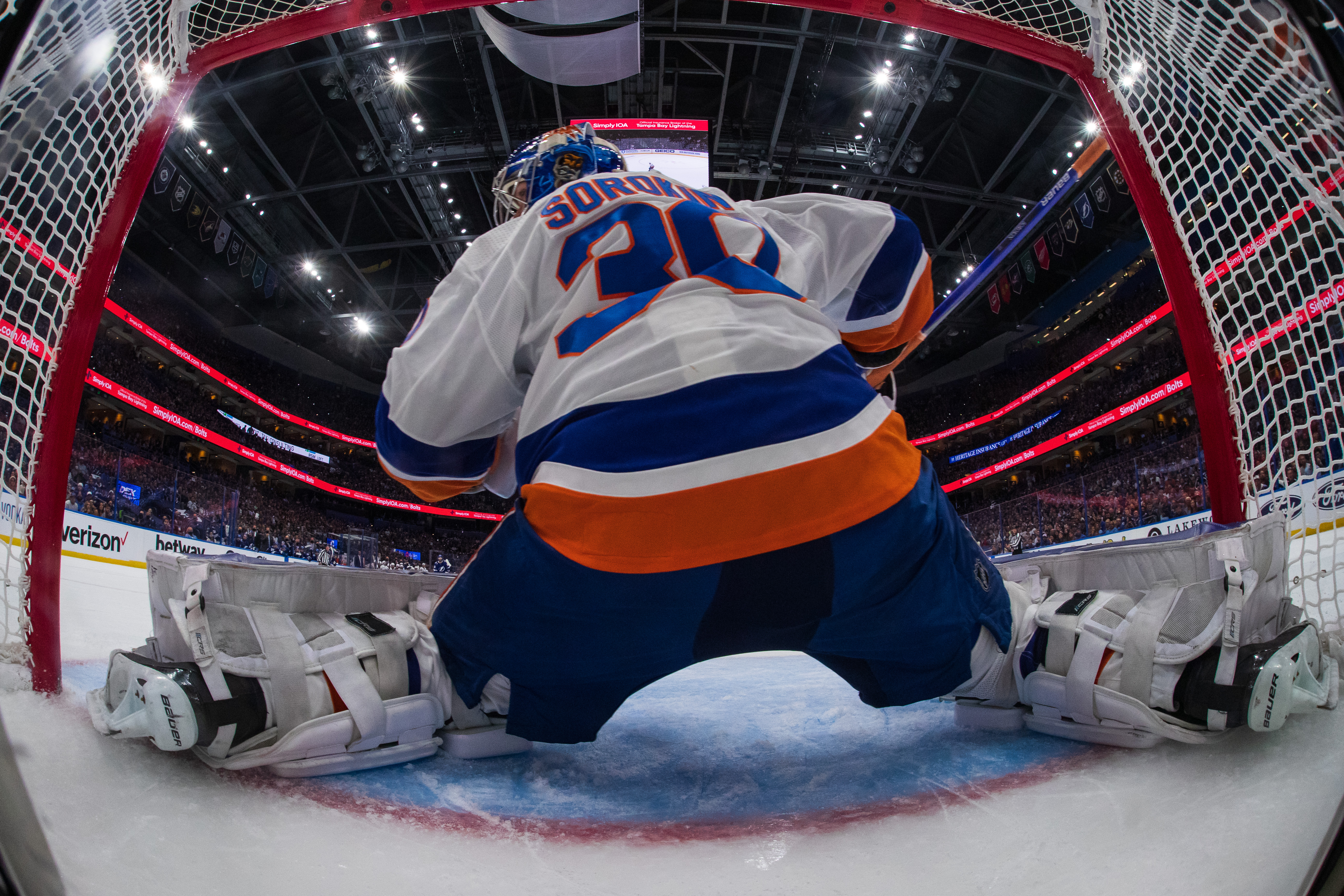 Goalie Ilya Sorokin #30 of the New York Islanders tends net against the Tampa Bay Lightning in Game Five of the Stanley Cup Semifinals of the 2021 Stanley Cup Playoffs at Amalie Arena on June 21, 2021 in Tampa, Florida.