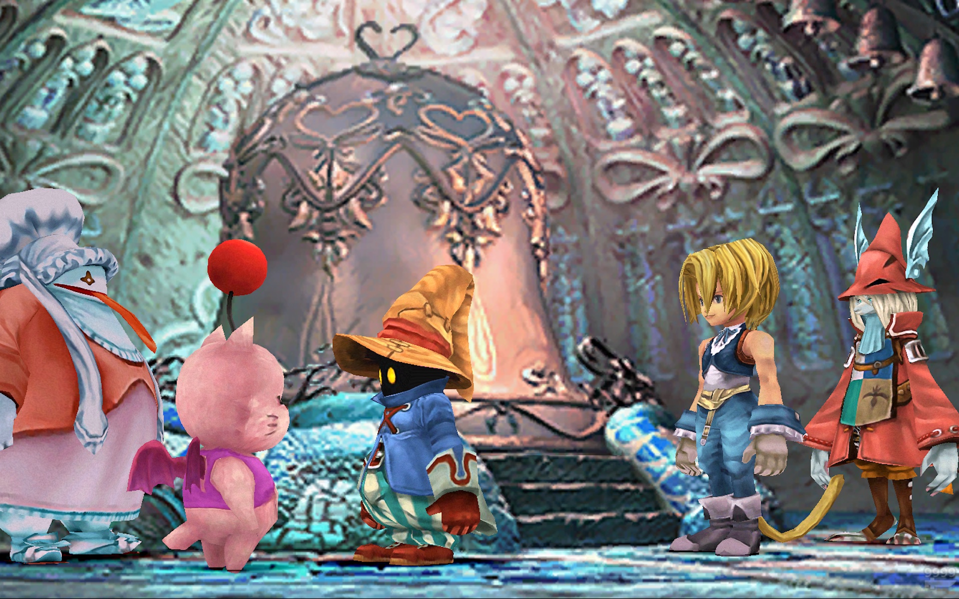 Black Mage Vivi talks to a Moogle in a screenshot from Final Fantasy 9