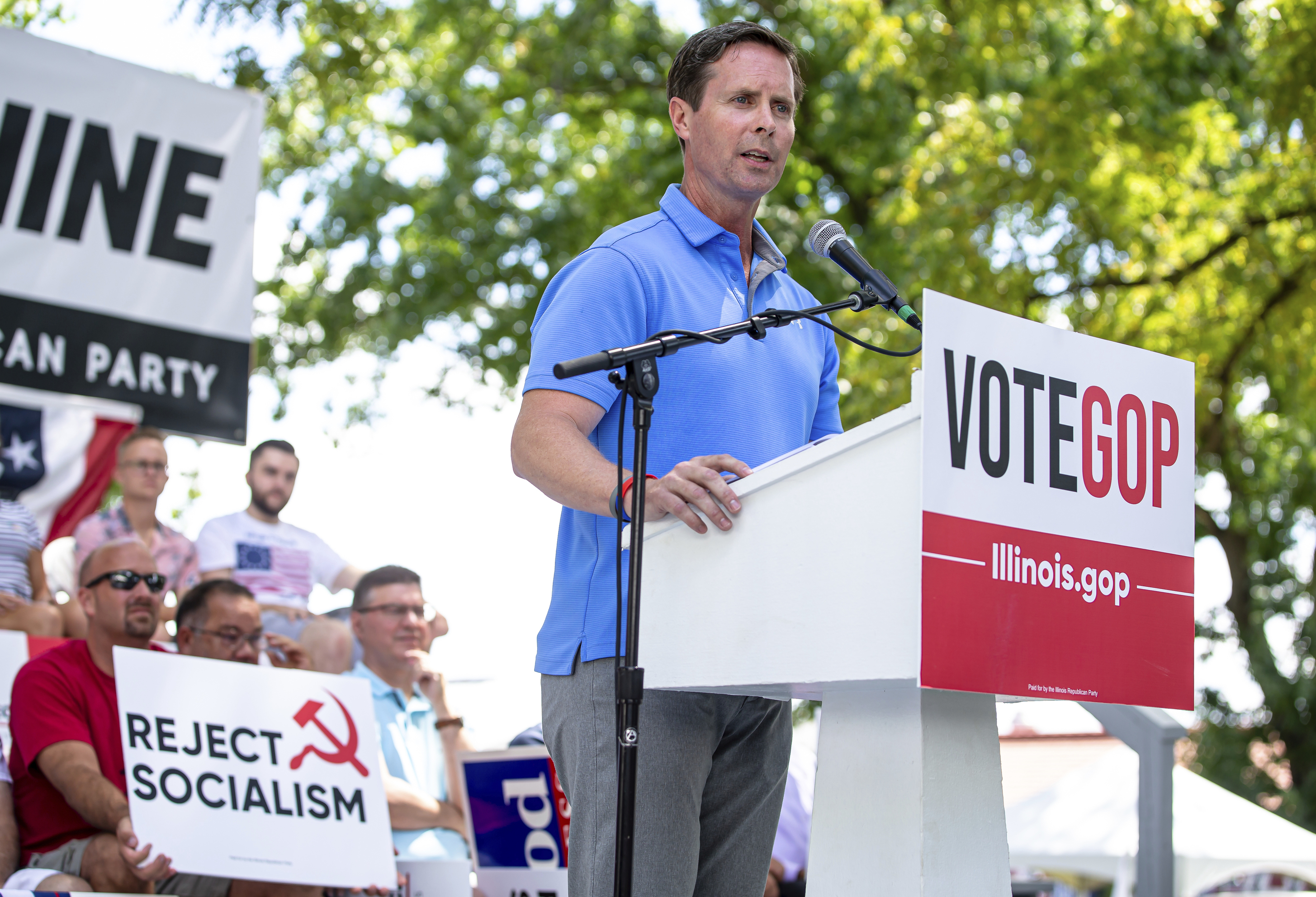 U.S. Rep. Rodney Davis, R-Ill., addresses the crowd at the Illinois State Fair in Springfield in 2019.
