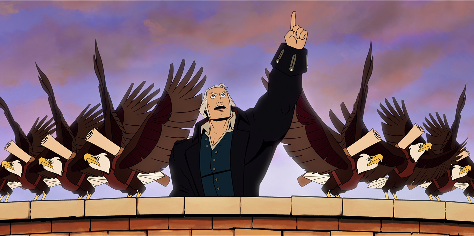 Animated George Washington poses dramatically in front of a phalanx of bald eagles in America: The Motion Picture