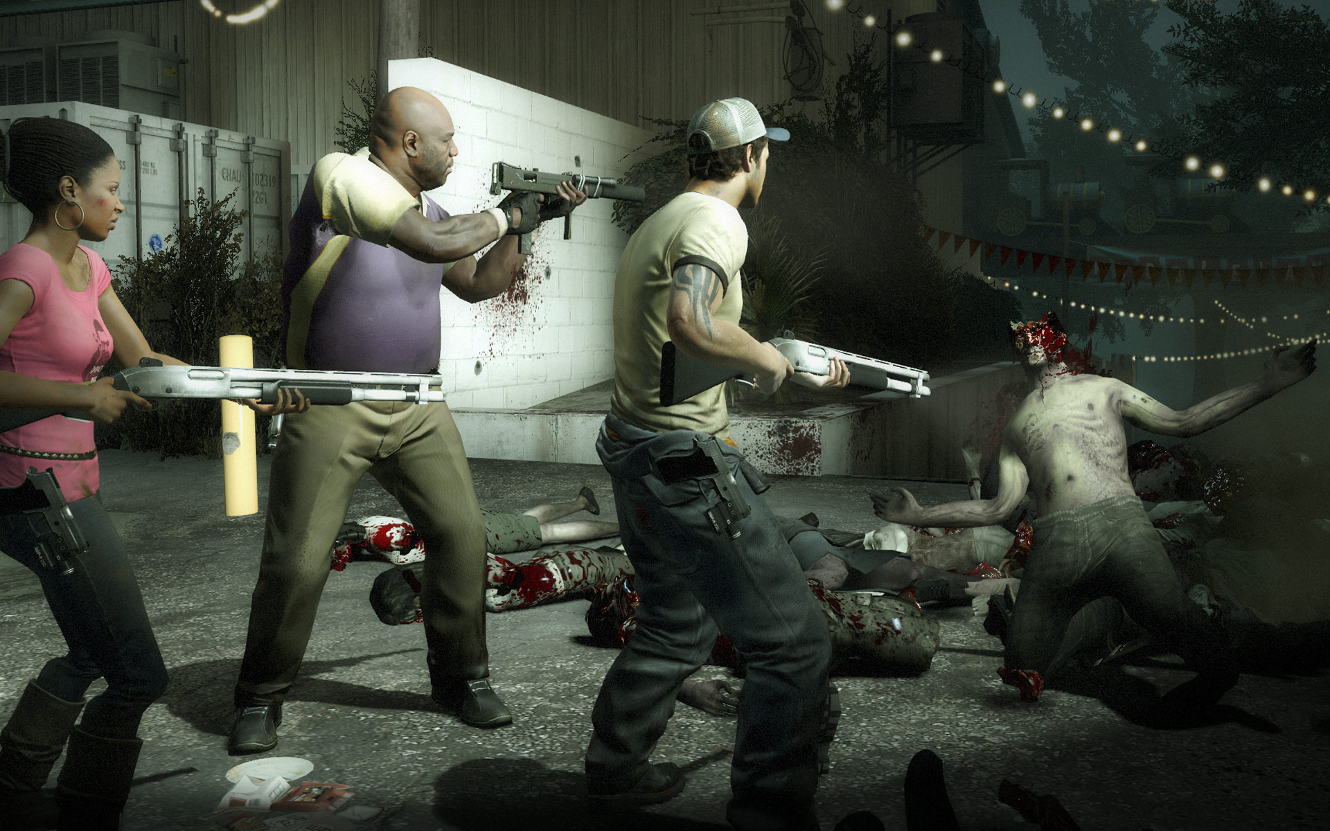 The whole gang is there in this Left 4 Dead screenshot, shooting zombies. Except the dude in the sport coat. No one likes him.