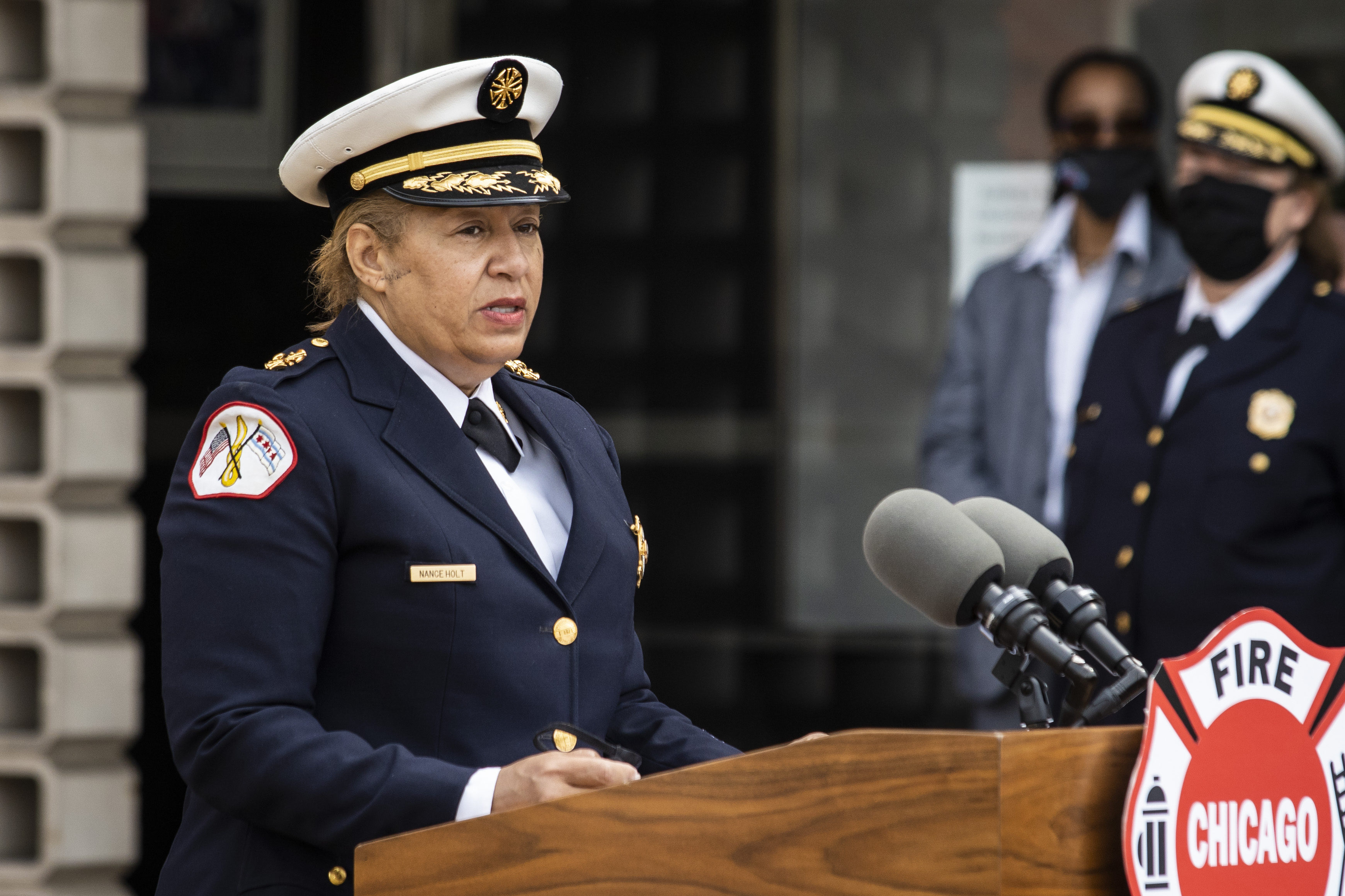 Acting Chicago Fire Department Commissioner Annette Nance-Holt speaks during a badge ceremony for paramedic Robert Truevillian at the Robert J. Quinn Fire Academy in the South Loop, Tuesday morning, May 18, 2021. Truevillian, 55, was the third active member of CFD to die of complications from COVID-19 in December 2020. | Ashlee Rezin Garcia/Sun-Times