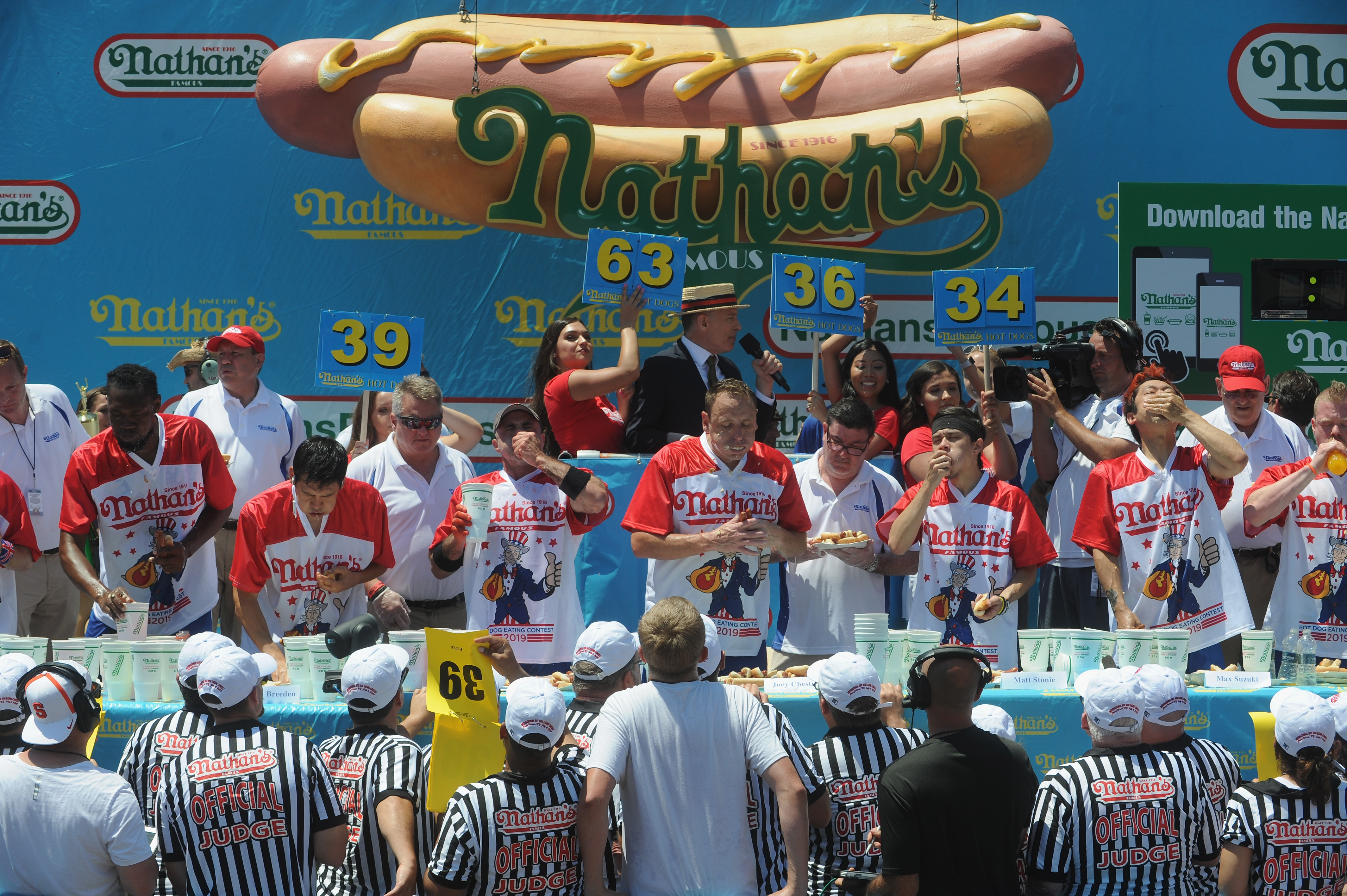 Joey “Jaws” Chestnut wins the 2019 Nathans Famous Fourth of July International Hot Dog Eating Contest with 71 hot dogs at Coney Island on July 4, 2019 in the Brooklyn borough of New York City.