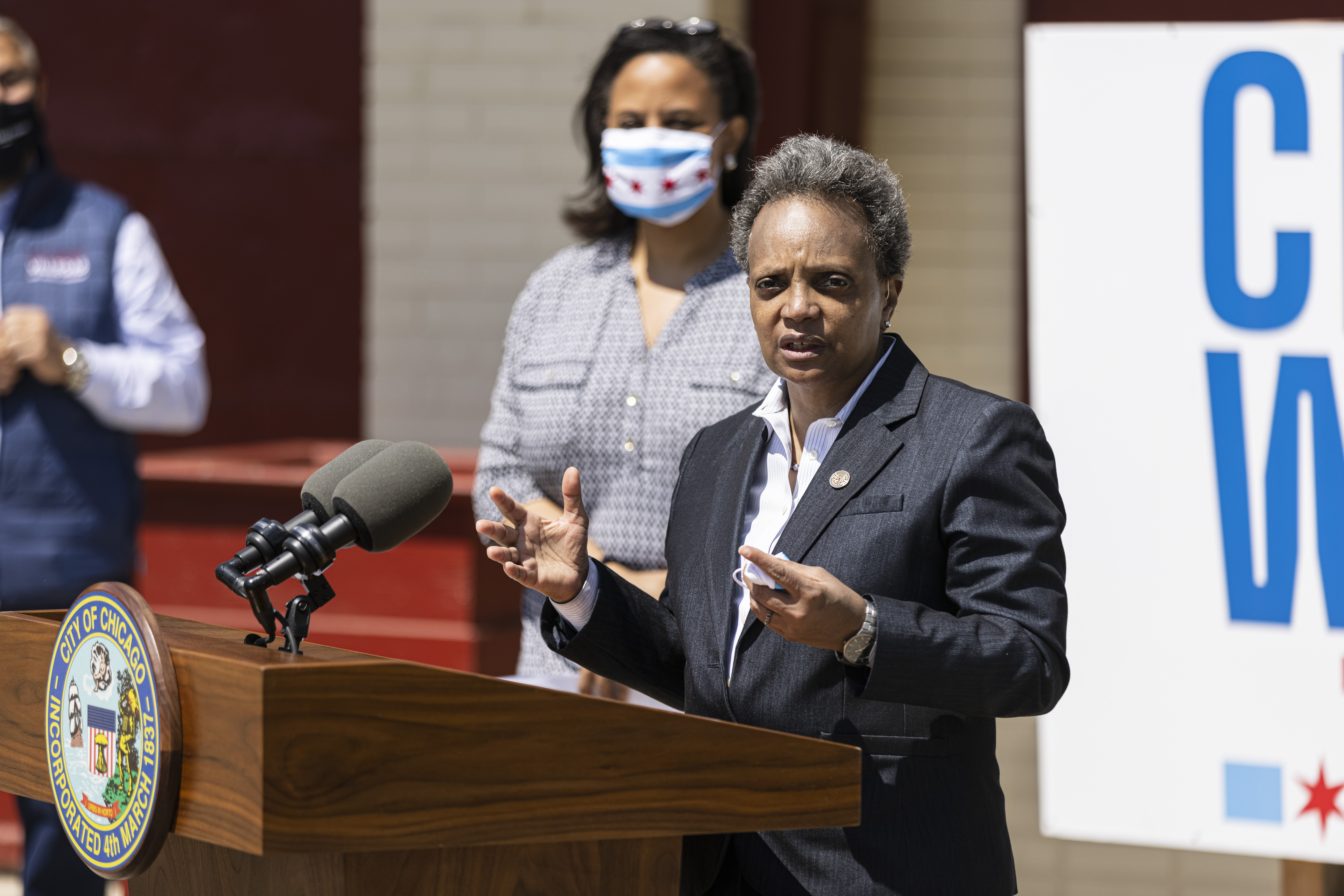Mayor Lori Lightfoot speaks at a news conference in the Gresham neighborhood in April. 