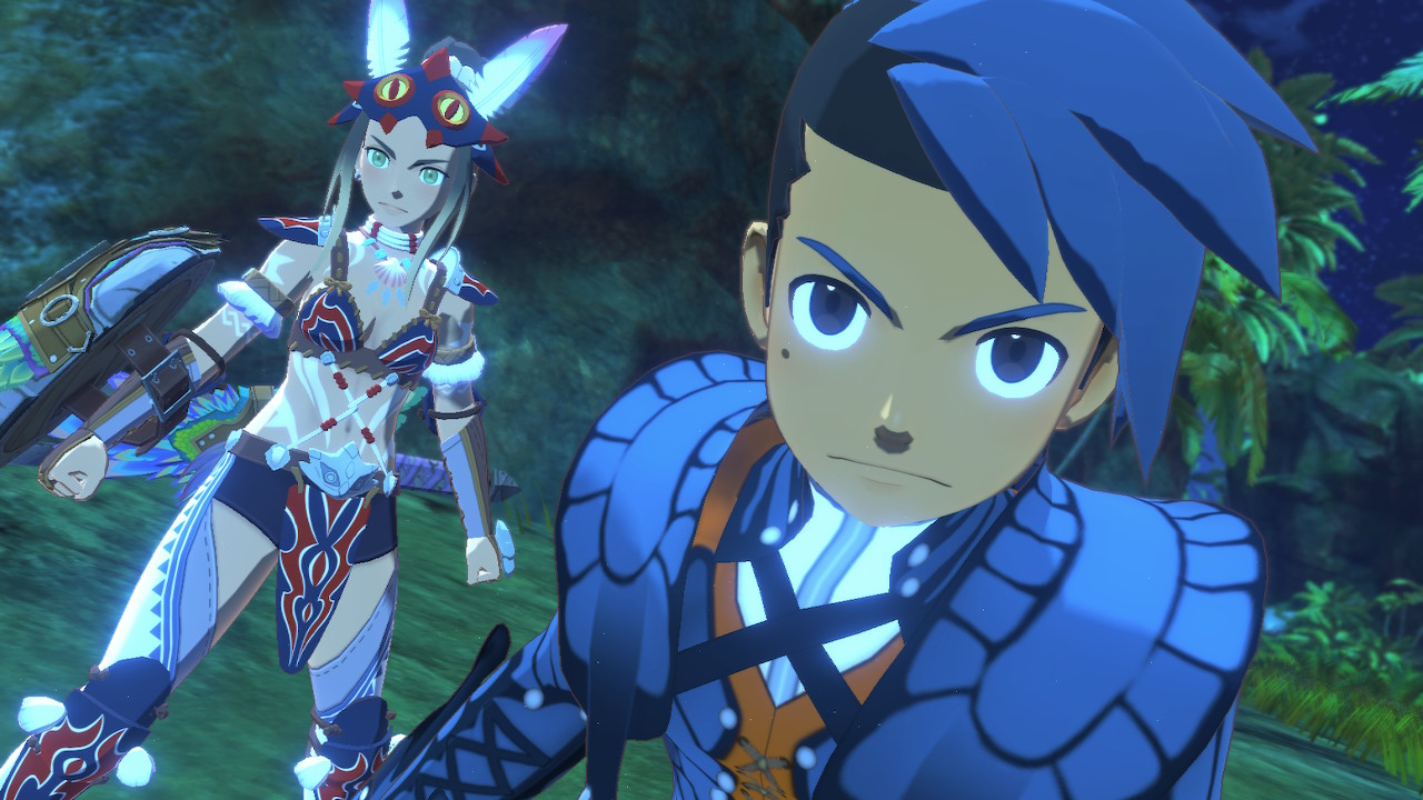 Two characters from Monster Hunter Stories 2: Wings of Ruin stand ready for combat