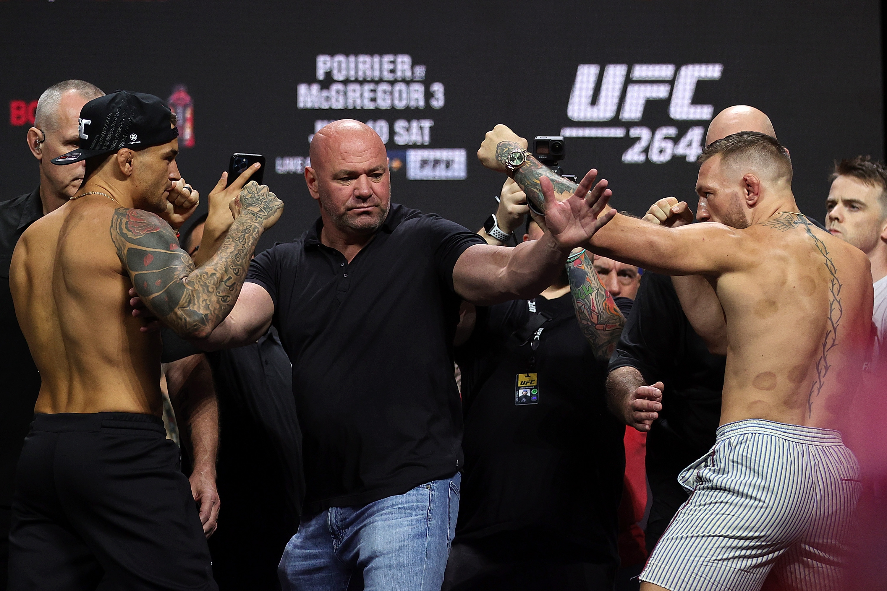Dustin Poirier and Conor McGregor at UFC 264 fight week