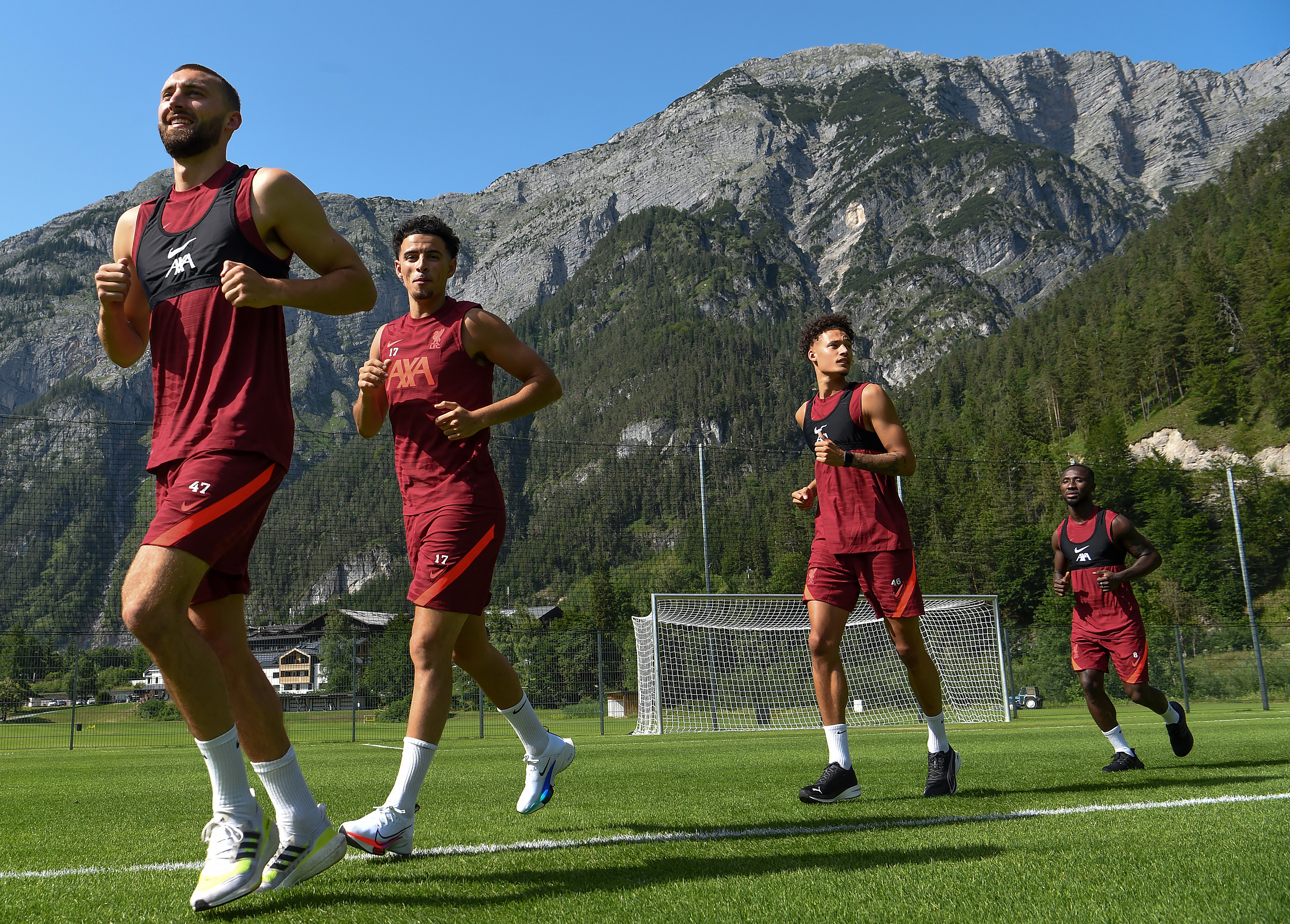 Nathaniel Phillips, Curtis Jones, Rhys Williams and Naby Keita of Liverpool during a training session on July 12, 2021 in Austria.
