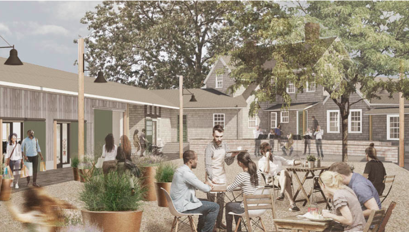A rendering shows a wooden building with small shops and a courtyard with tables and chairs, with people meandering about and sitting down