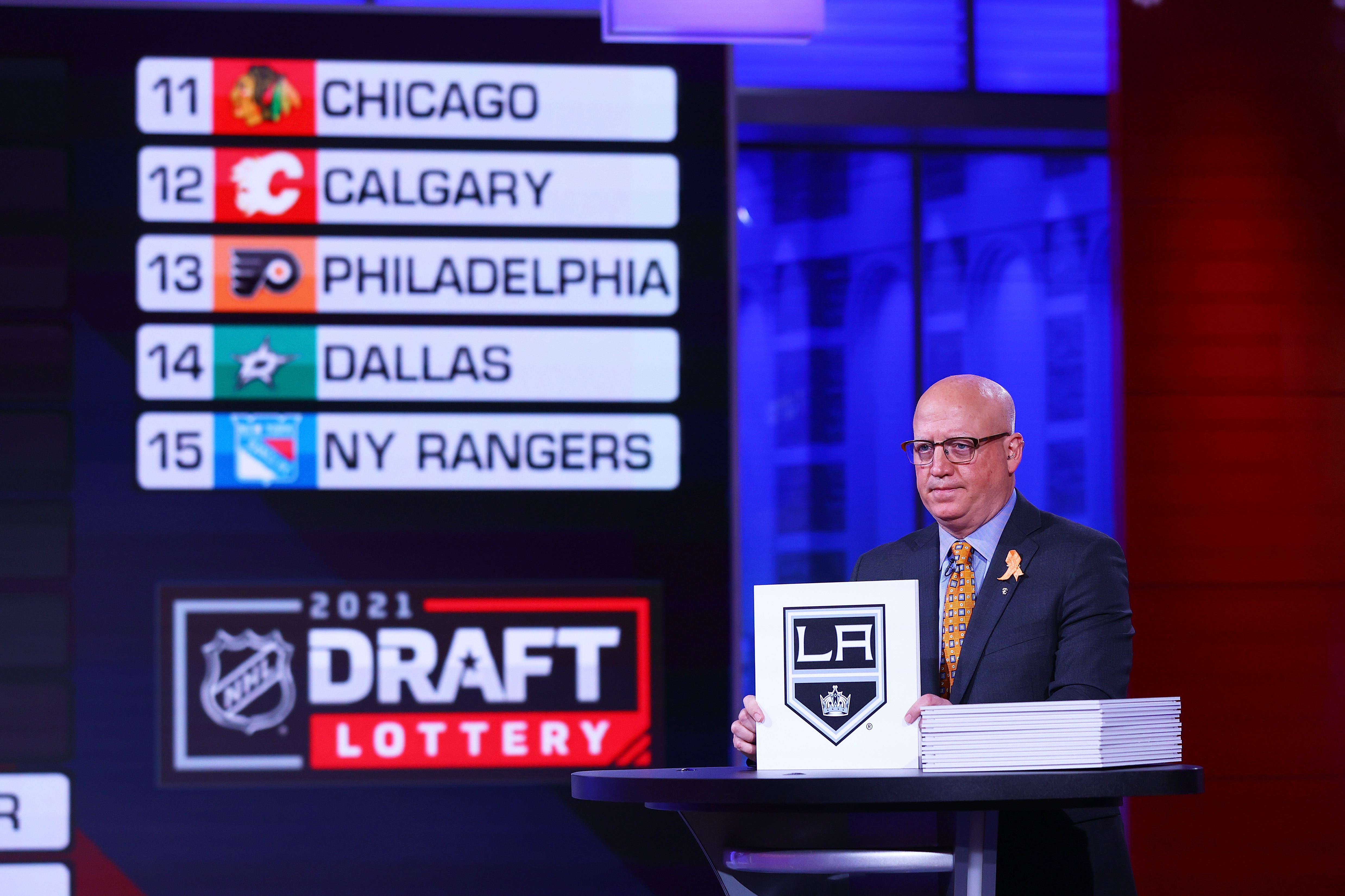 National Hockey League Deputy Commissioner Bill Daly announces an Los Angeles Kings draft position during the 2021 NHL Draft Lottery on June 02, 2021 at the NHL Network’s studio in Secaucus, New Jersey.