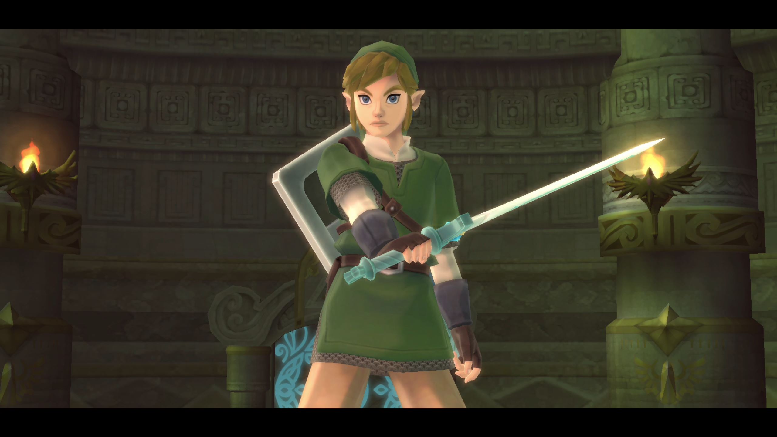 Link holds out his sword in The Legend of Zelda: Skyward Sword HD
