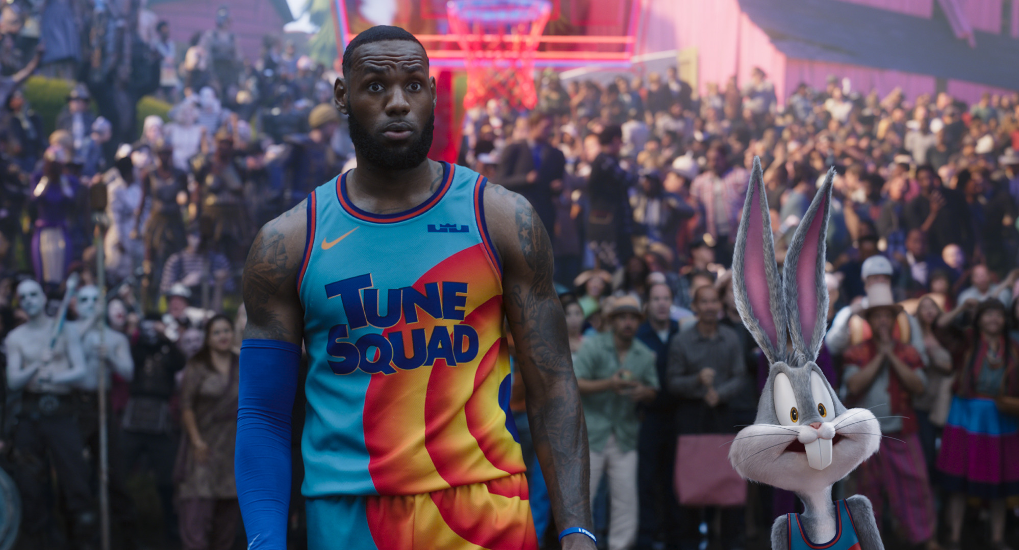 LeBron James and Bugs Bunny look aghast in Space Jam: A New Legacy