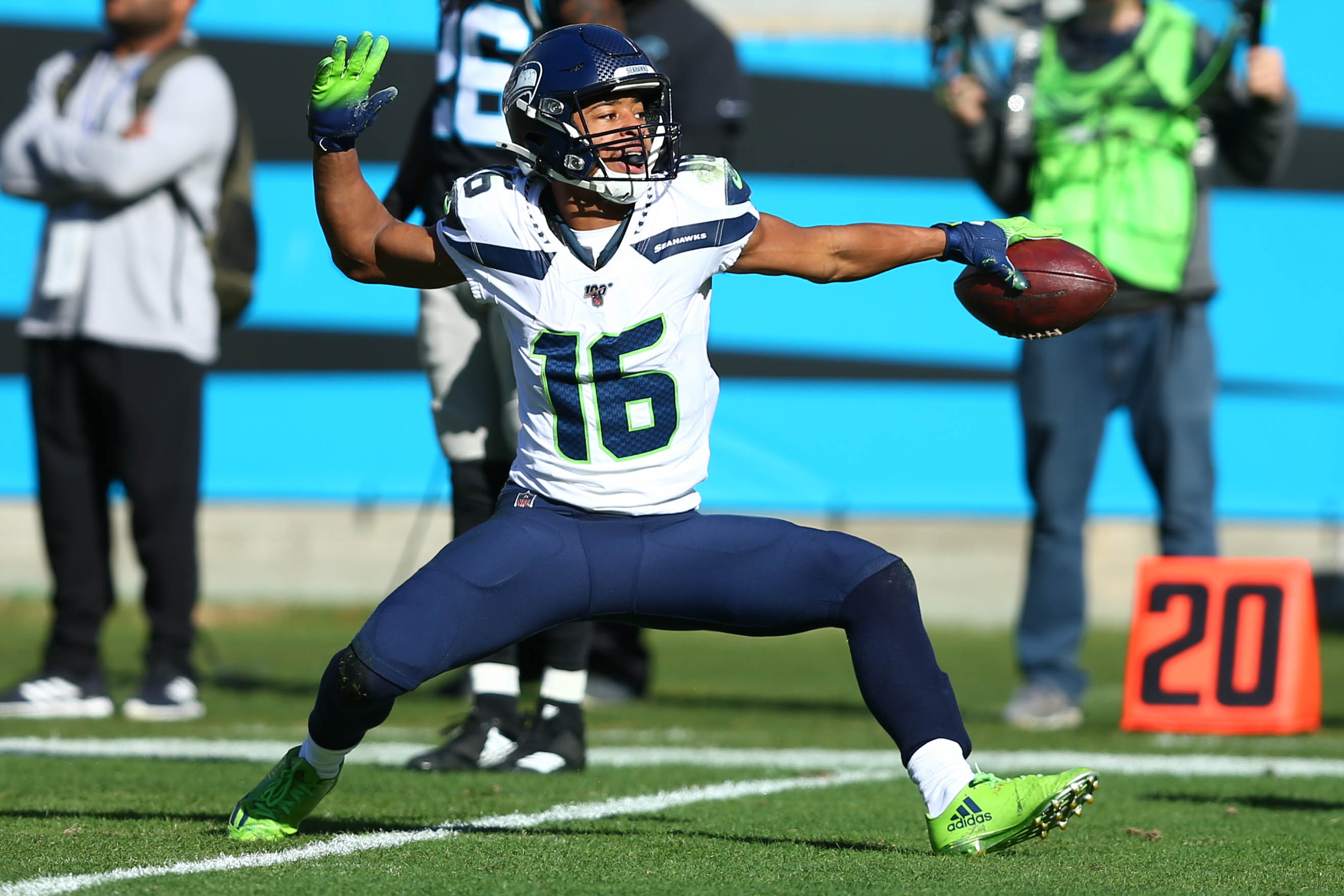Seattle Seahawks wide receiver Tyler Lockett (16) reacts after a first down in the first quarter against the Carolina Panthers at Bank of America Stadium.&nbsp;