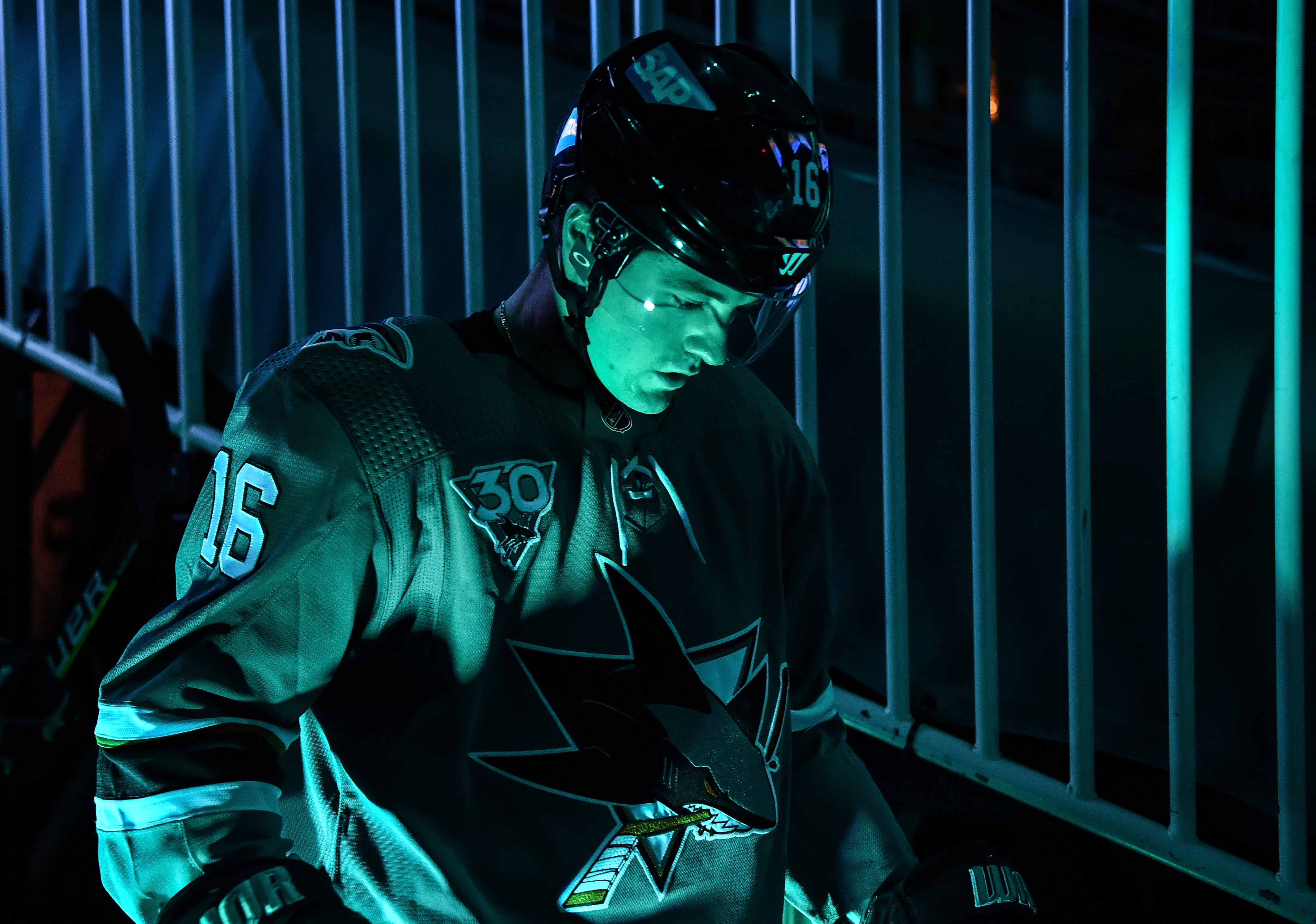 Ryan Donato #16 of the San Jose Sharks walks out onto the ice before facing the Anaheim Ducks at SAP Center on April 14, 2021 in San Jose, California.