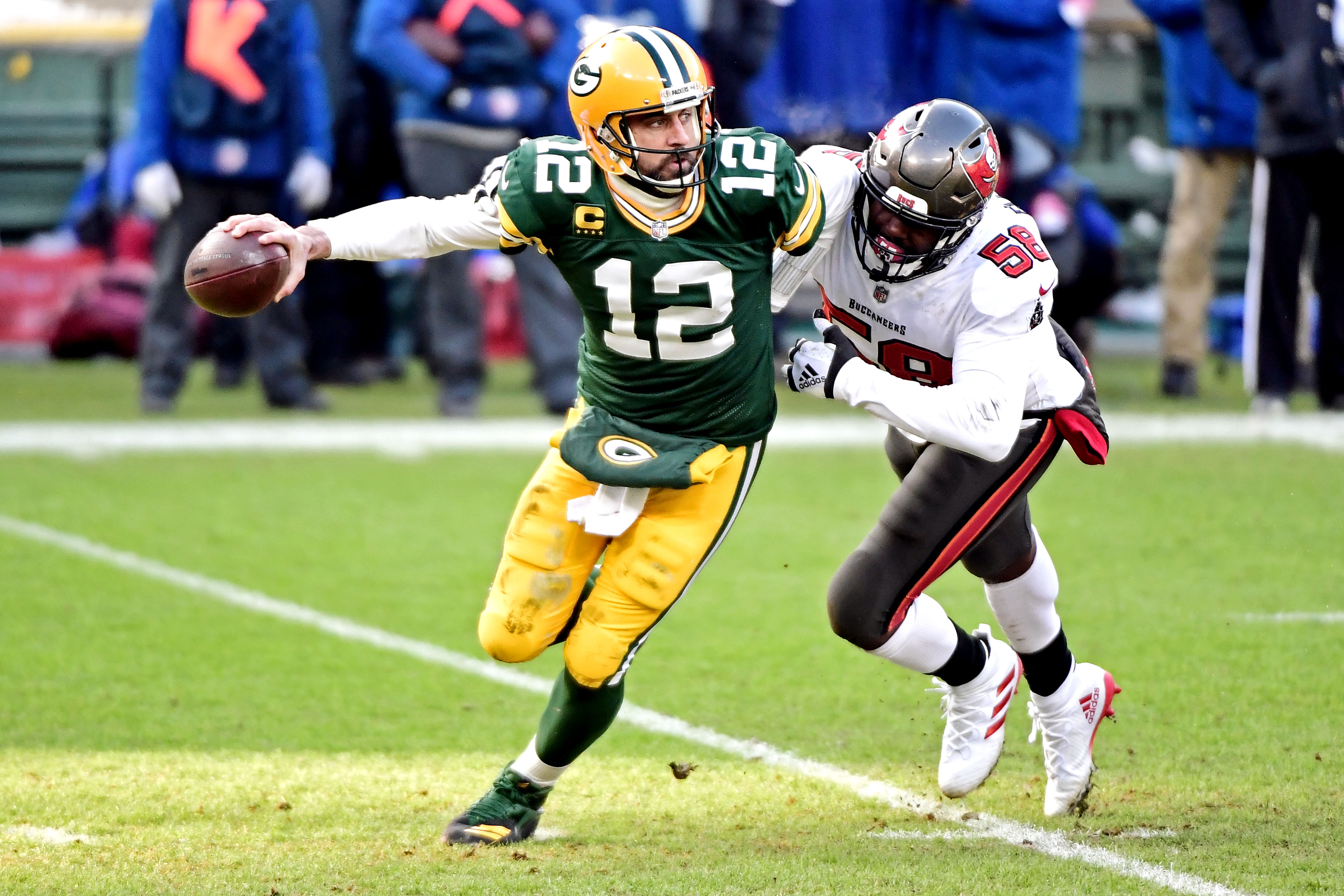 Tampa Bay Buccaneers outside linebacker Jason Pierre-Paul sacks Green Bay Packers quarterback Aaron Rodgers during the first quarter of their NFC Championship game.