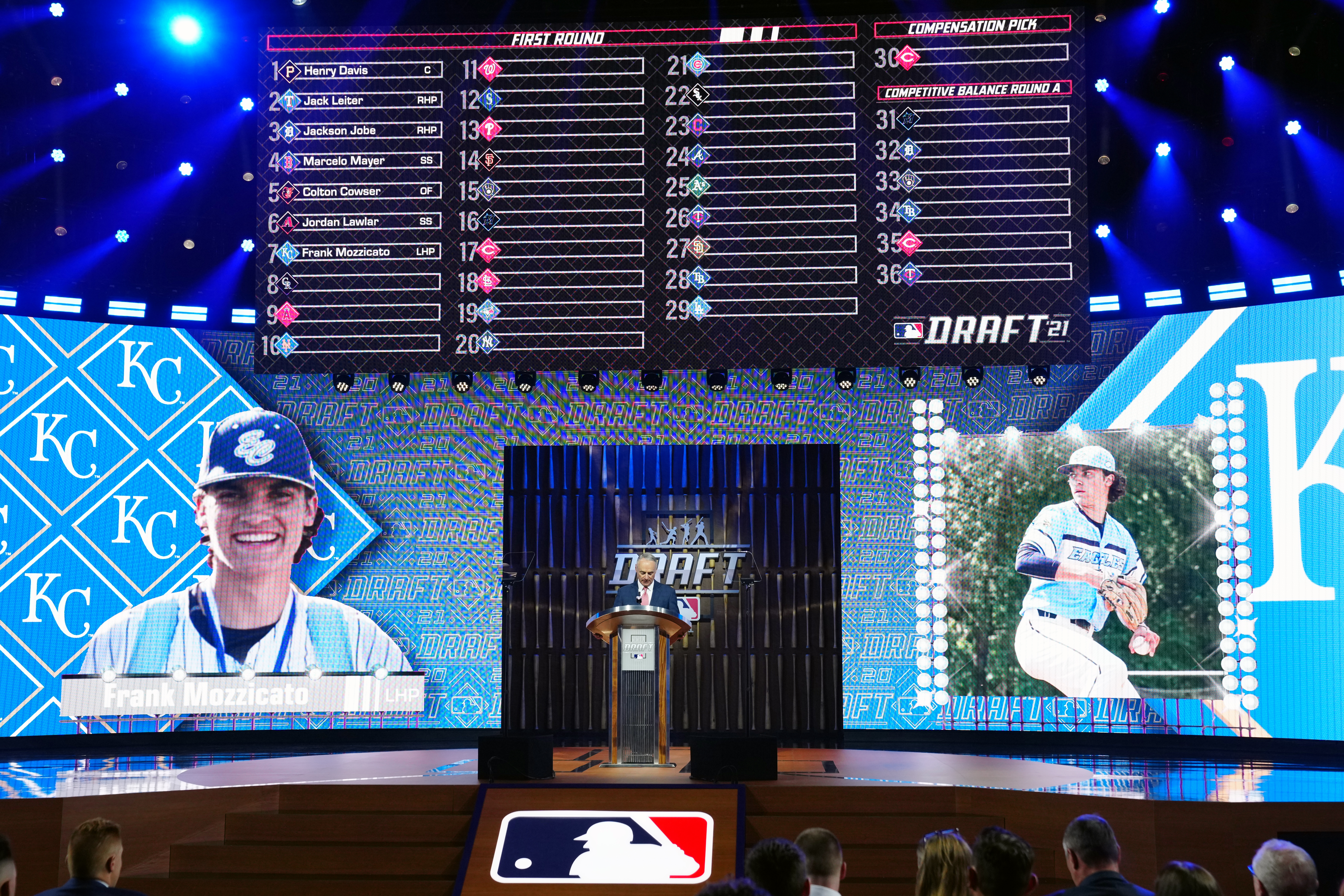 MLB Commissioner Rob Manfred announces Frank Mozzicato as the seventh overall pick for the Kansas City Royals during the 2021 Major Leauge Baseball Draft at Bellco Theater at Colorado Convention Center on Sunday, July 11, 2021 in Denver, Colorado.
