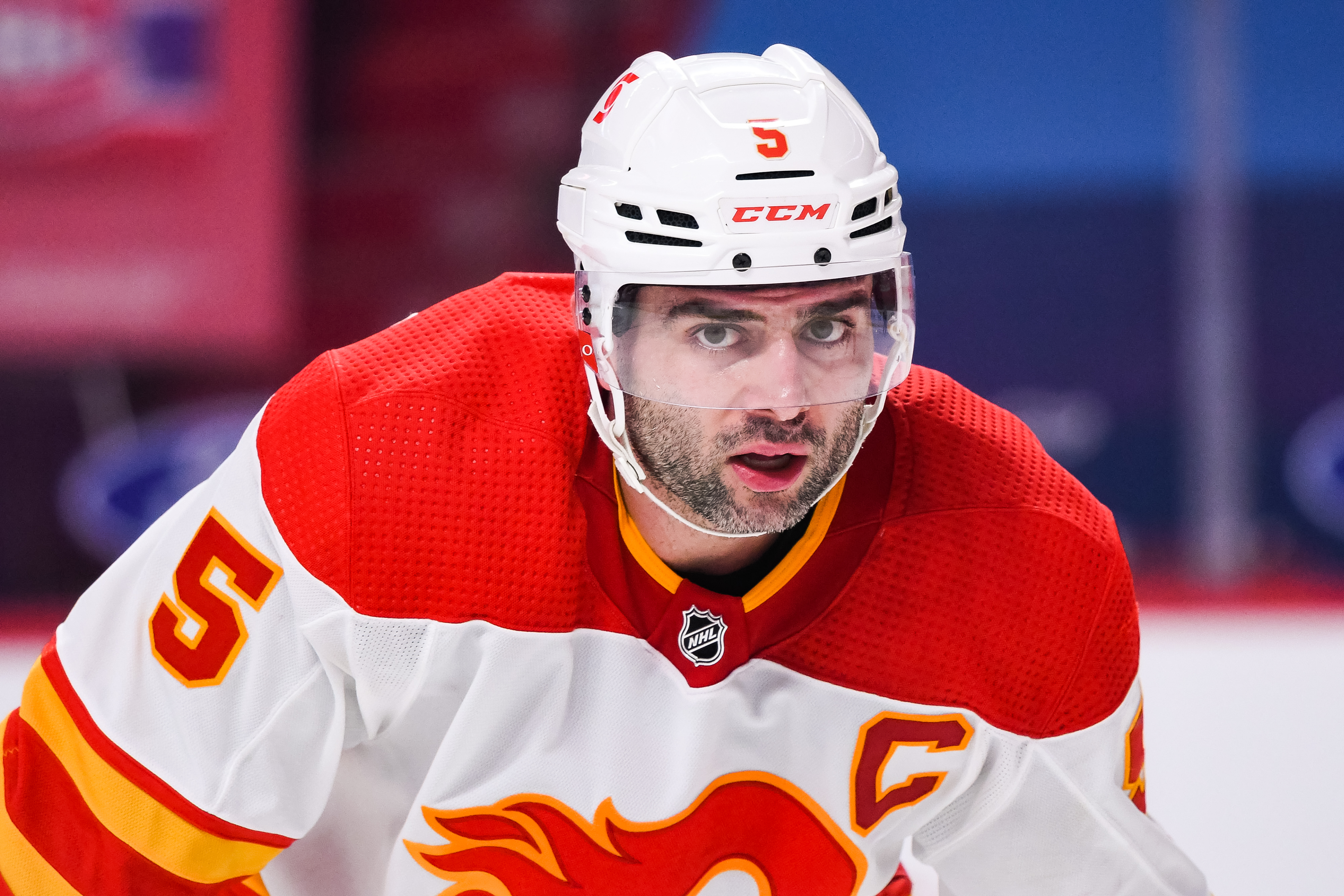 Look on Calgary Flames defenceman Mark Giordano during the Calgary Flames versus the Montreal Canadiens game on April 16, 2021, at Bell Centre in Montreal, QC. 