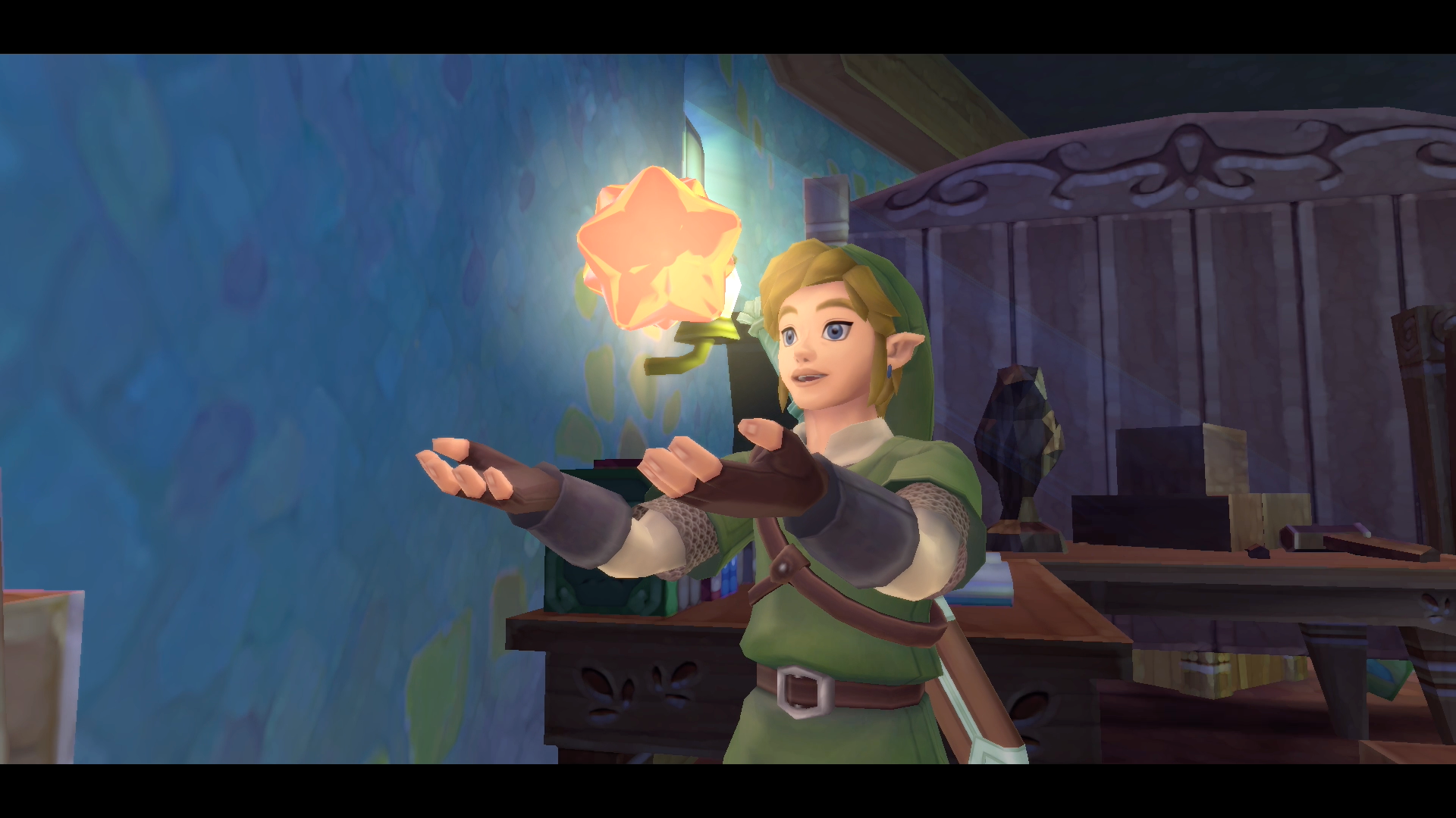 Link holding a Gratitude Crystal in The Legend of Zelda: Skyward Sword HD