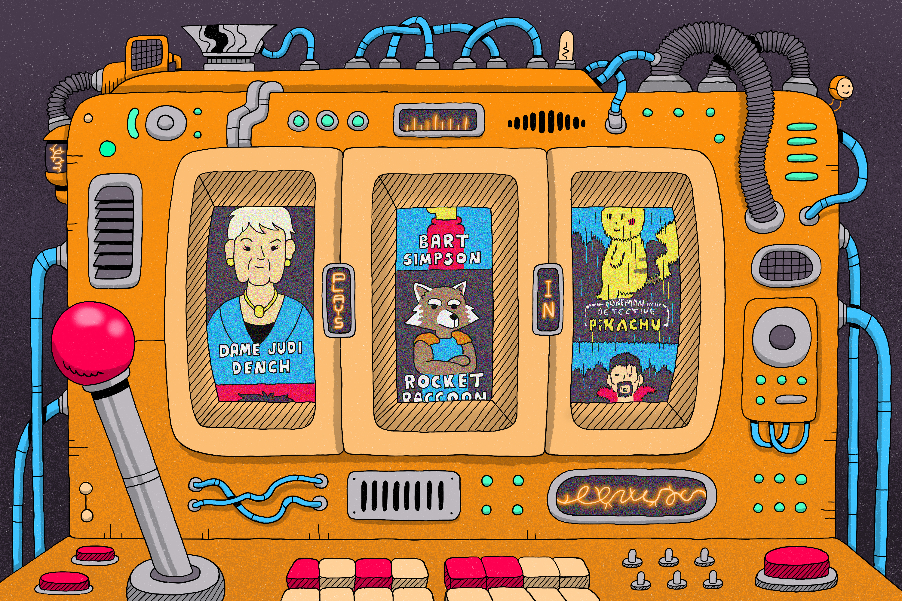Comic style illustration of retro tech character generator machine