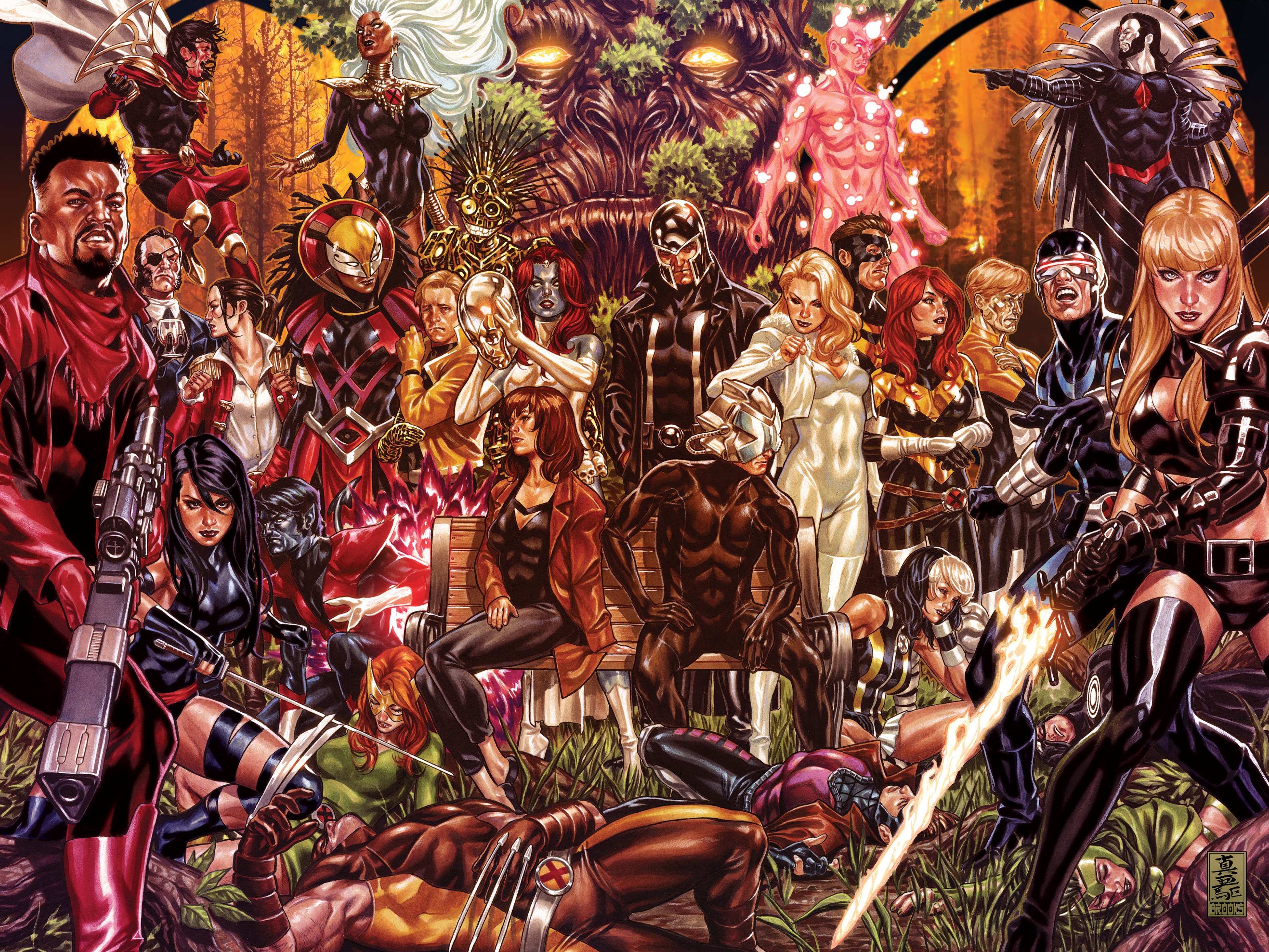 The cast of the X-Men comics gather in large numbers in promotional art for the Inferno event. 