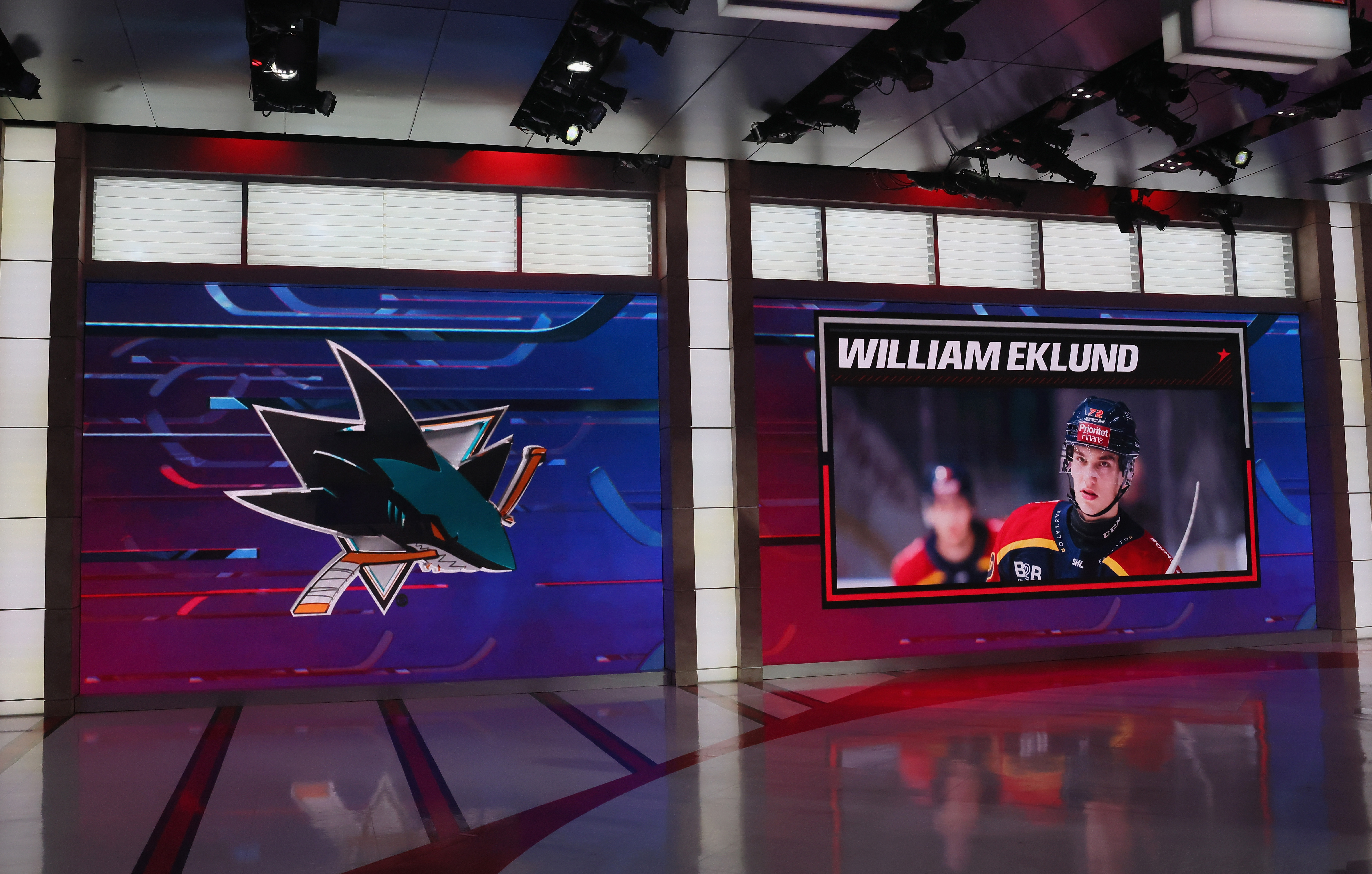 With the seventh pick in the 2021 NHL Entry Draft, the San Jose Sharks select William Eklund during the first round of the 2021 NHL Entry Draft at the NHL Network studios on July 23, 2021 in Secaucus, New Jersey.