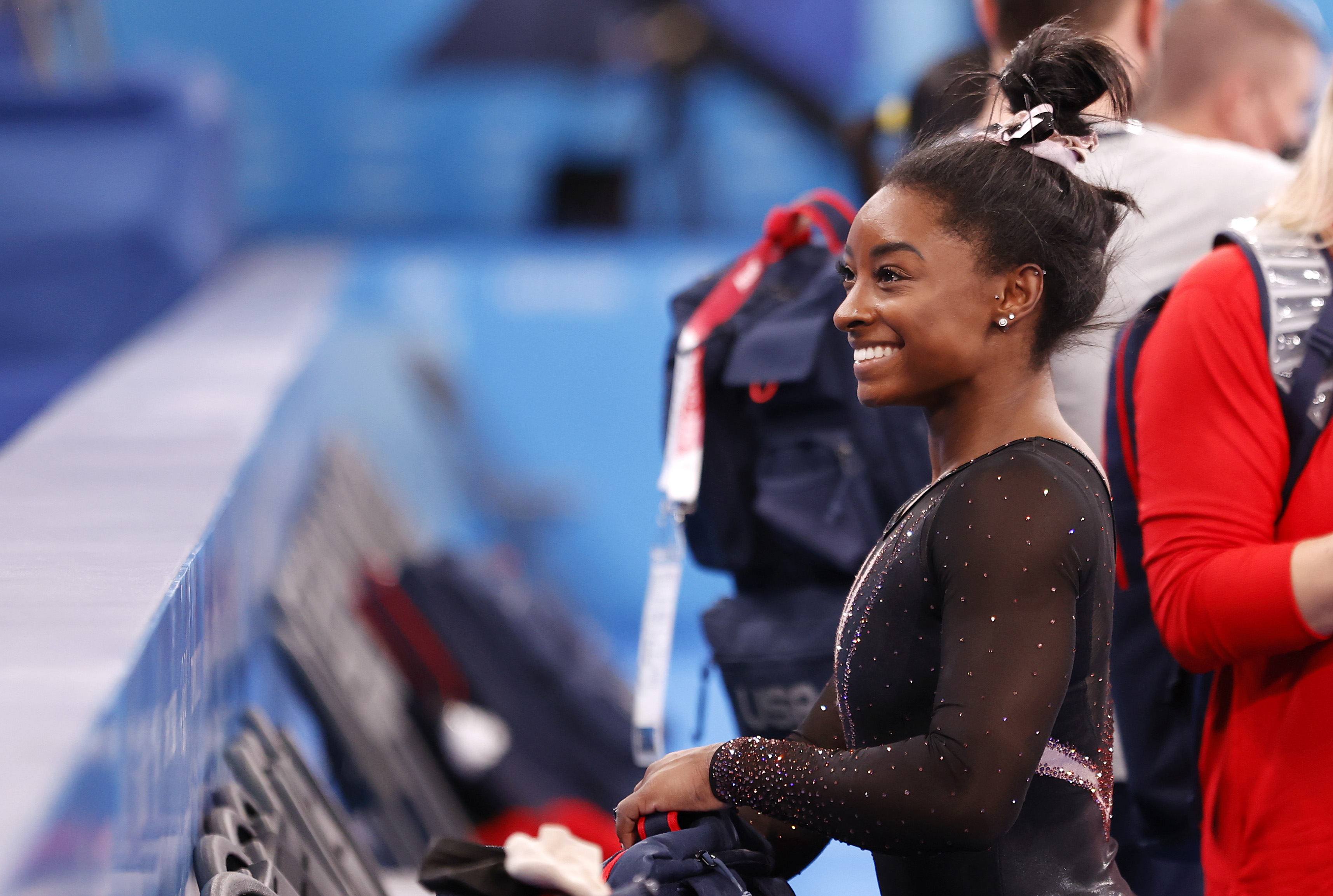 Simone Biles of Team United States reacts during Women’s Podium Training ahead of the Tokyo 2020 Olympic Games at Ariake Gymnastics Centre on July 22, 2021 in Tokyo, Japan.